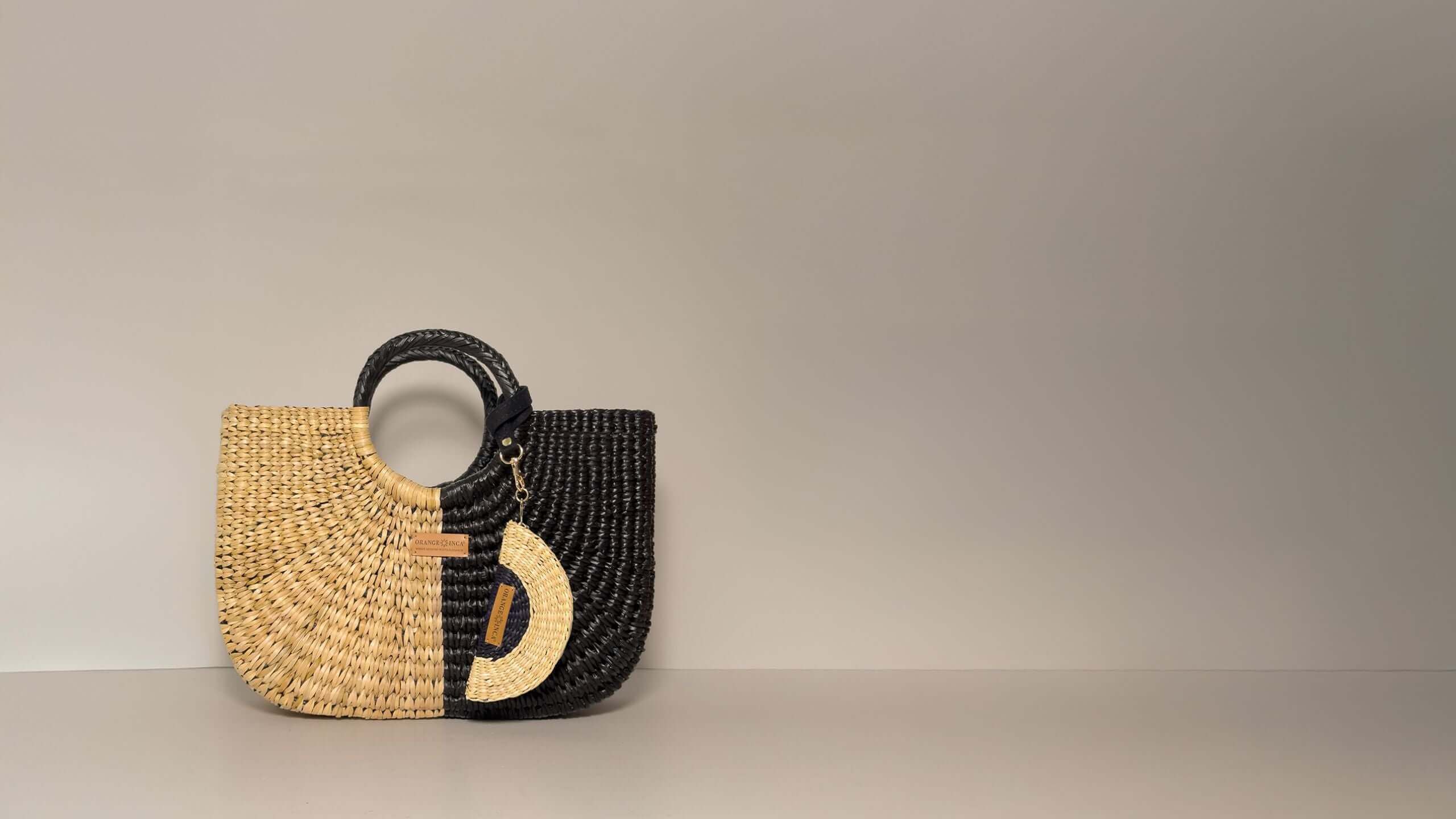 Orange Inca Tote Bags - The Gran Fiesta in Half Black and Half Natural, with coin purse