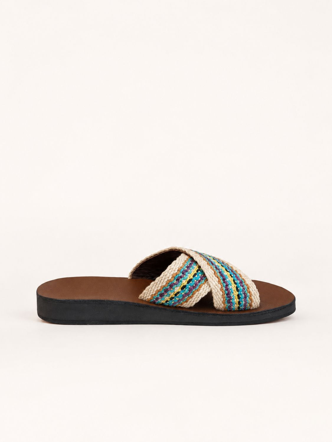 Pisac Cross Sandal in Ivory and Turquoise frazada – side view | Orange Inca