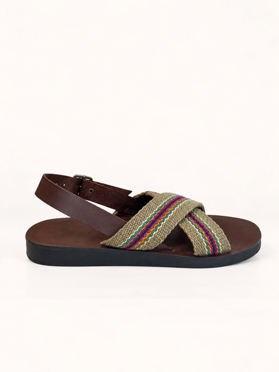 Pisac Cross Sandal in Olive Green and Purple frazada with back strap – side view | Orange Inca