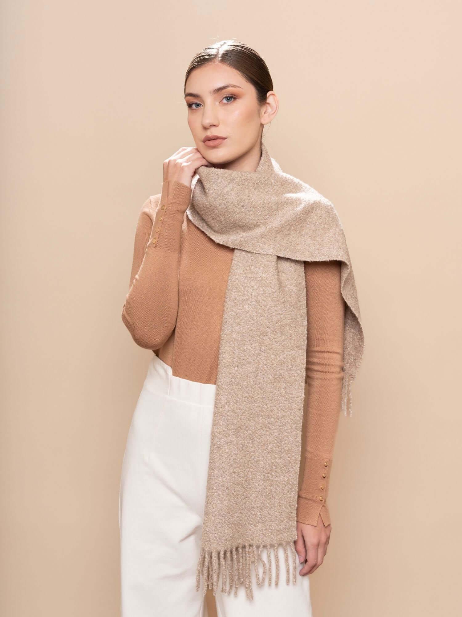 Oatmeal baby alpaca and silk scarf worn as wrap – bouclé texture, handmade in Peru | Orange Inca