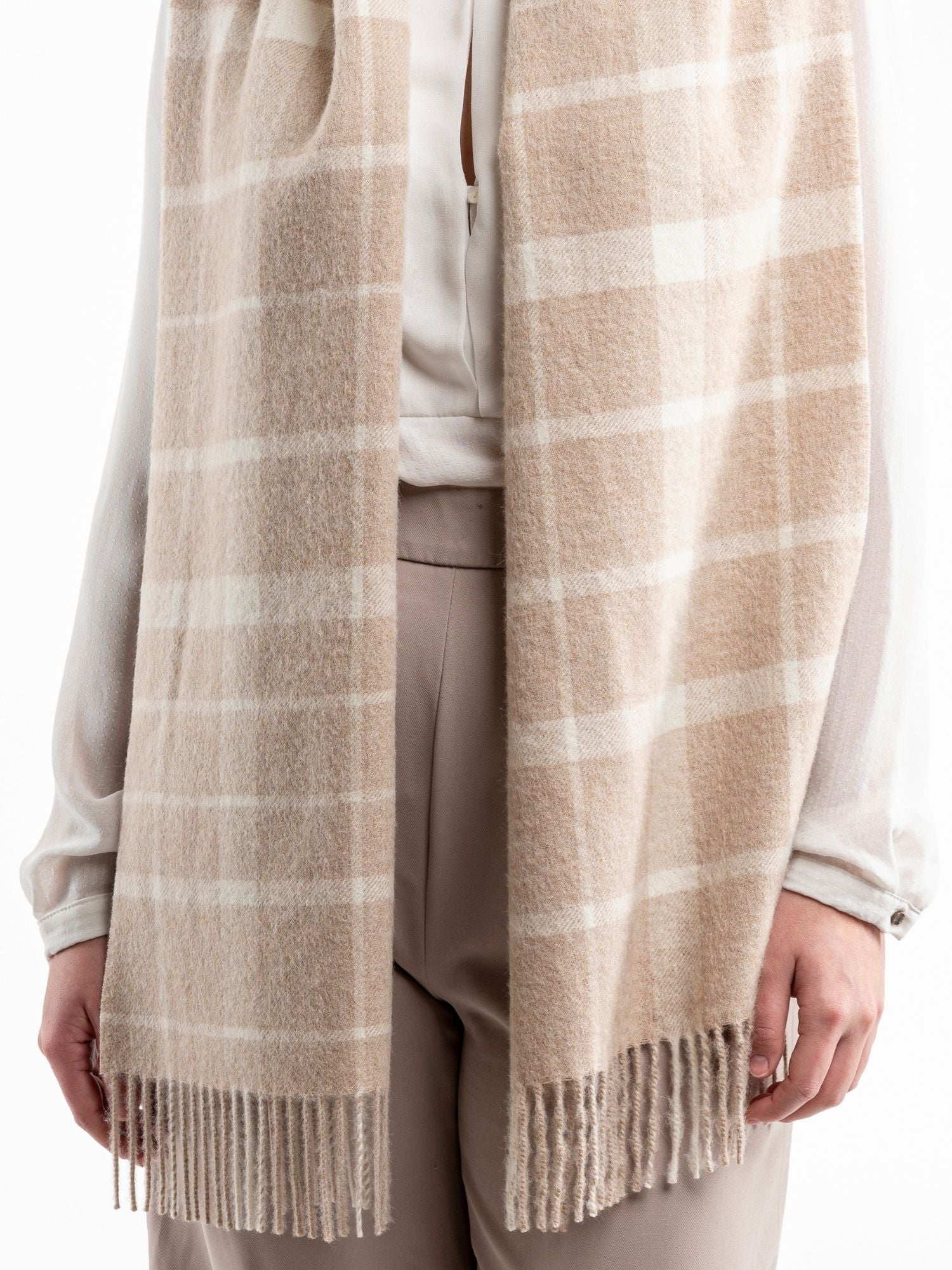 Premium Eco Plaid Baby Alpaca Scarf - Sand and White