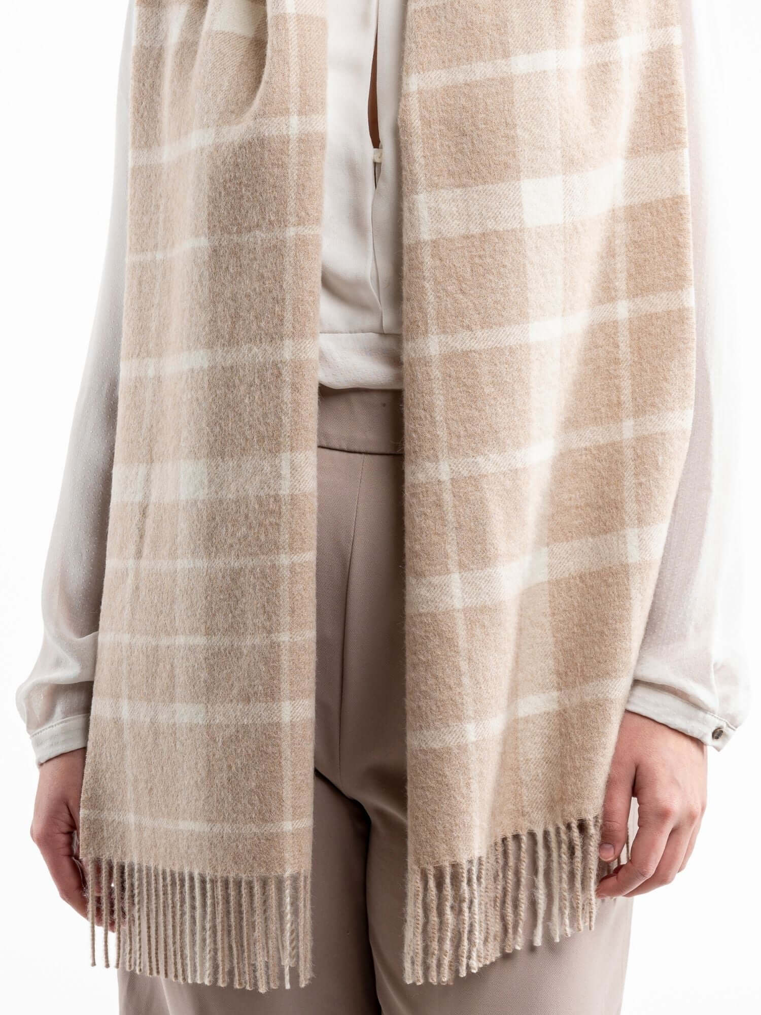 Baby Alpaca Plaid Scarf - Sand and White