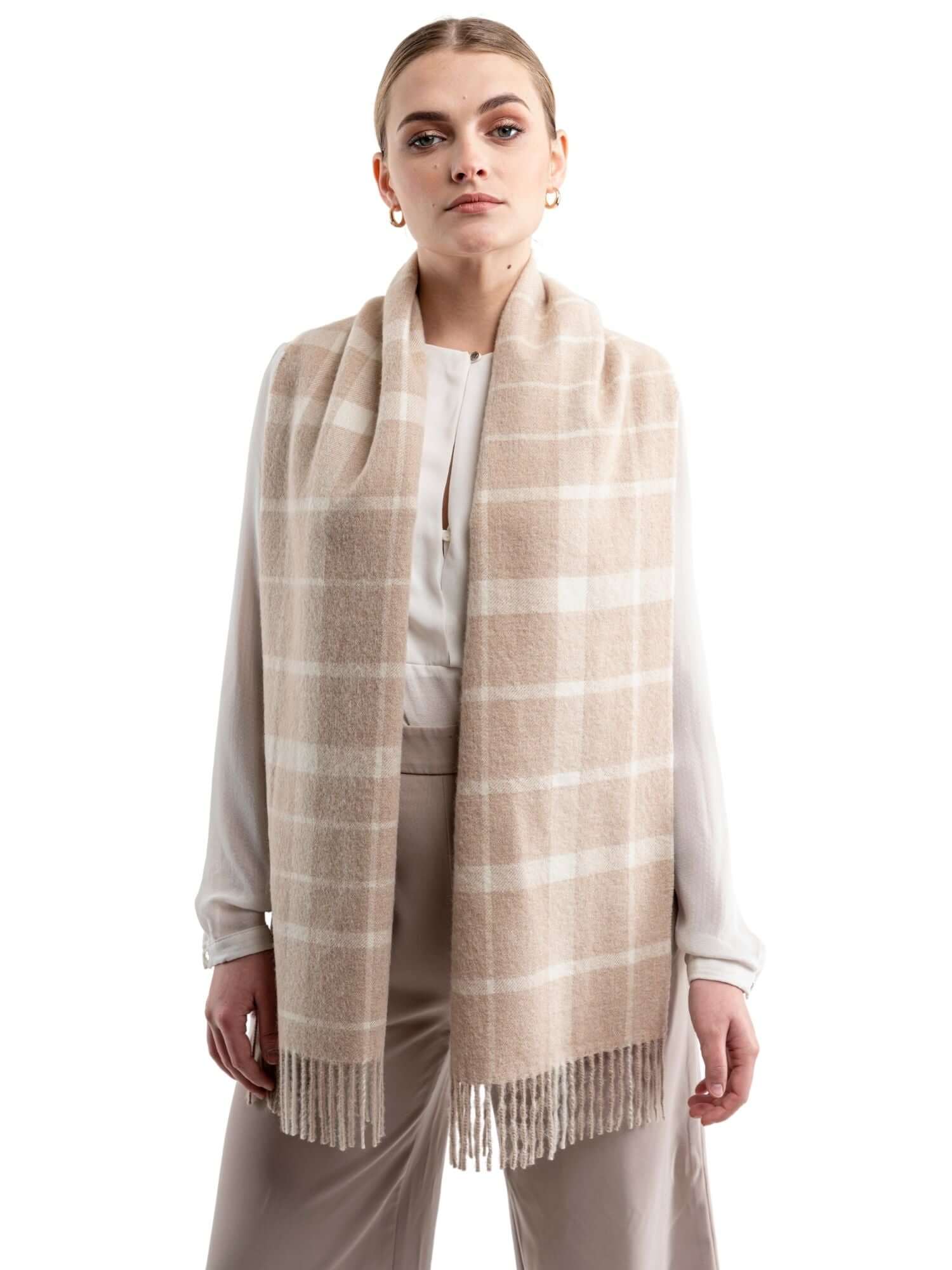 Baby Alpaca Plaid Scarf - Sand and White