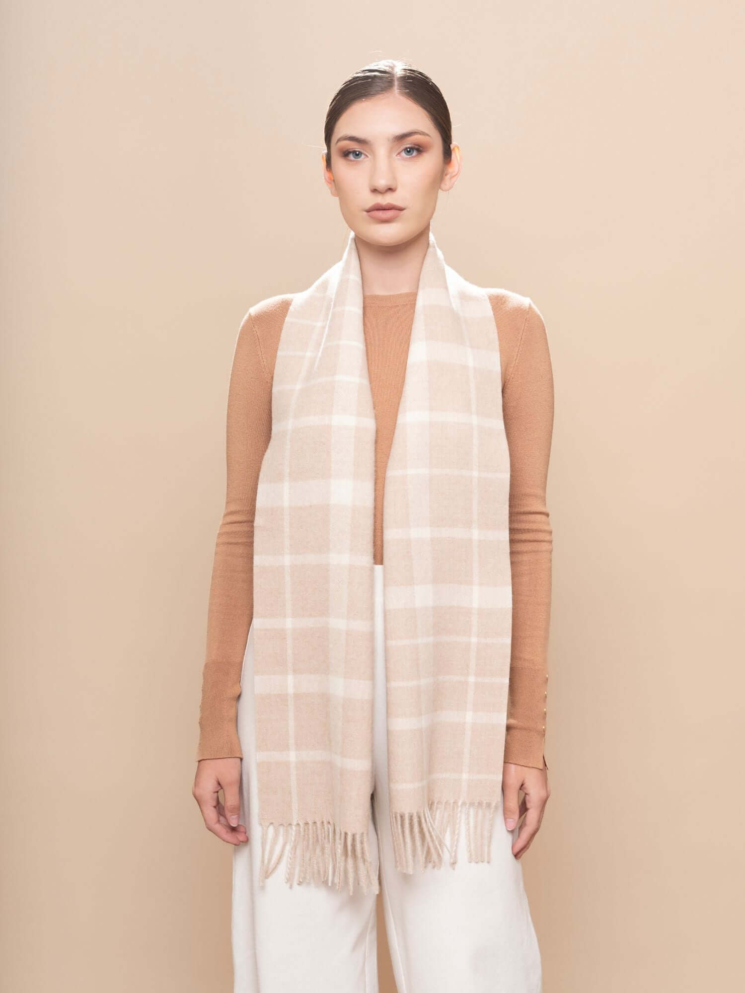 Baby alpaca scarf in plaid beige and white - warm and soft