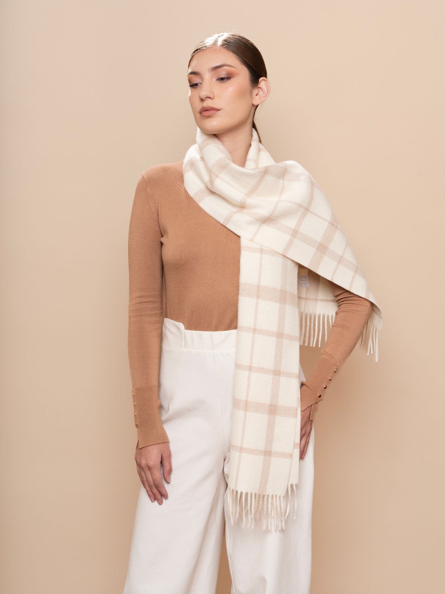 Premium plaid baby alpaca wool scarf in beige and white - luxury sustainable winter accessory