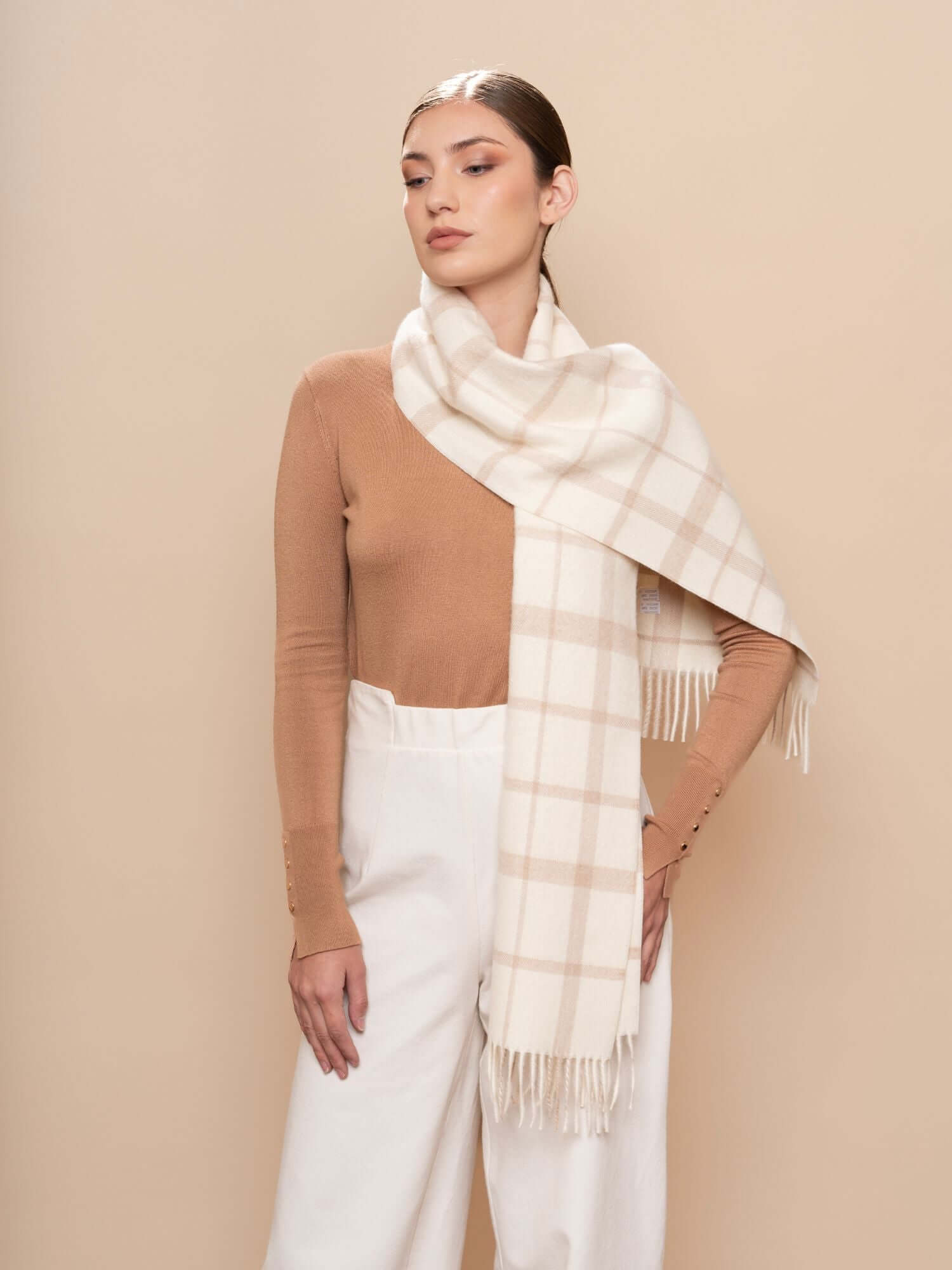 Premium plaid baby alpaca wool scarf in beige and white - luxury sustainable winter accessory