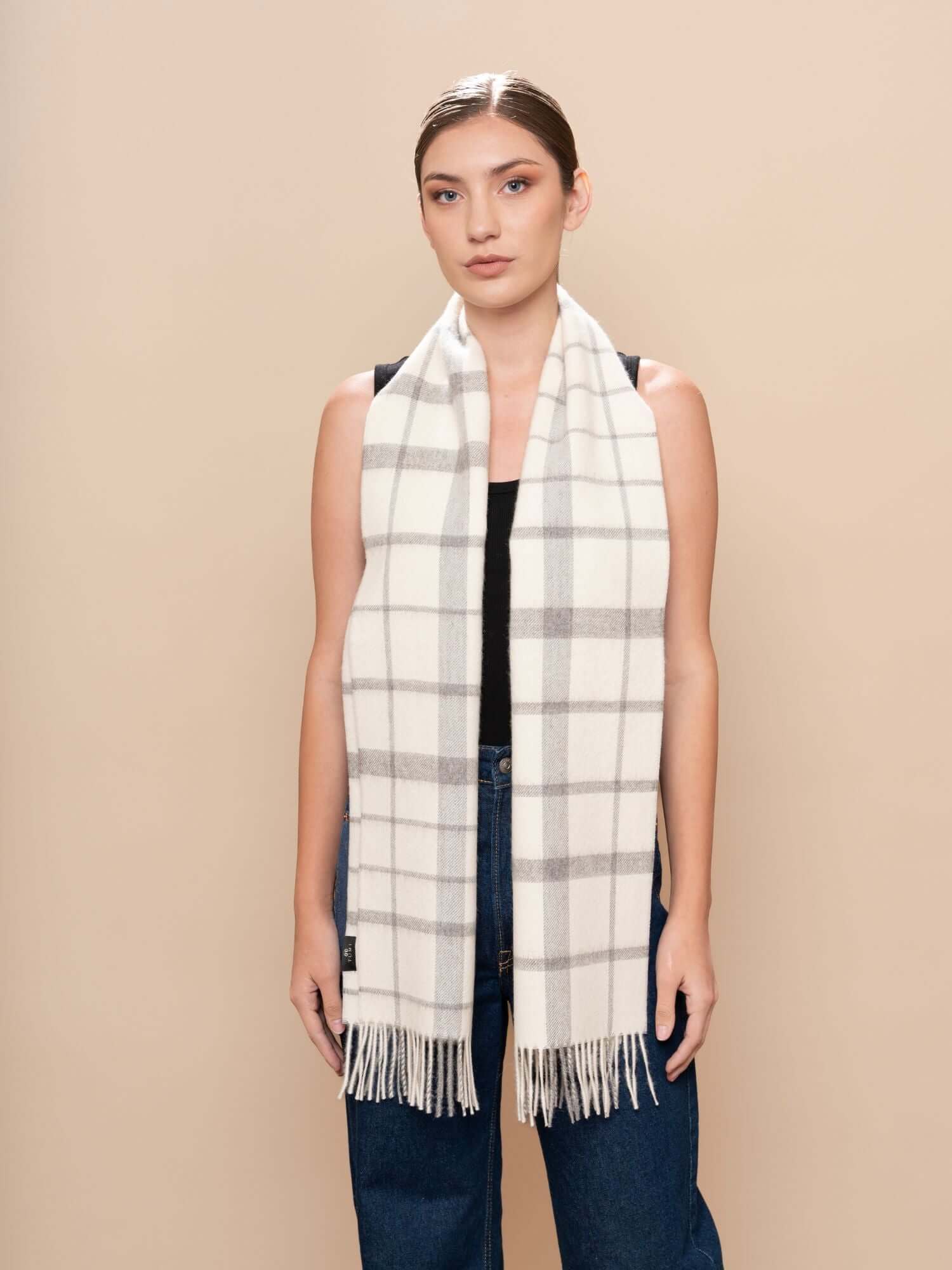 Luxury baby alpaca scarf in plaid white and gray for men and women - softer than cashmere
