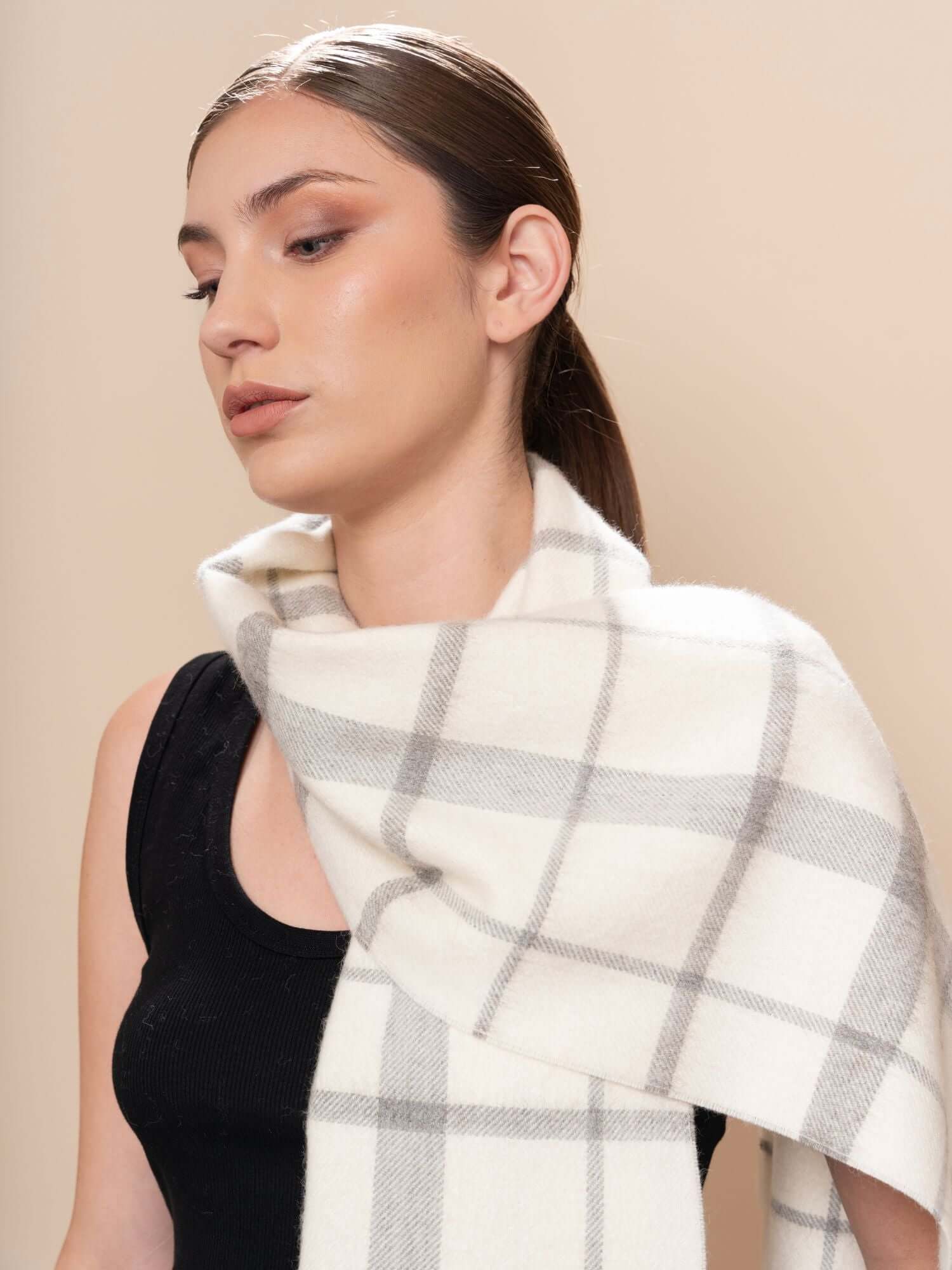 Premium plaid baby alpaca wool scarf in white and gray - luxury sustainable winter accessory
