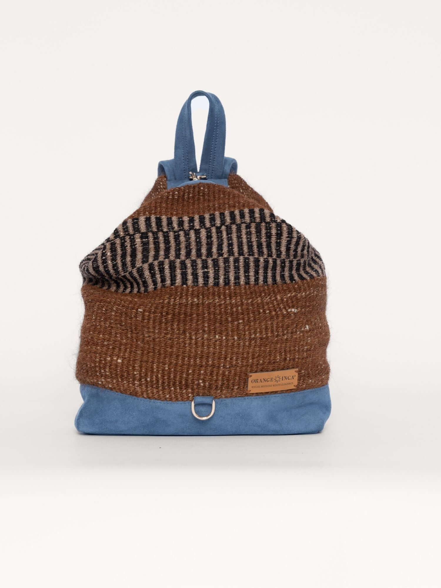 Front view of convertible wool and blue suede backpack – artisan design with top zipper closure and natural fibres
