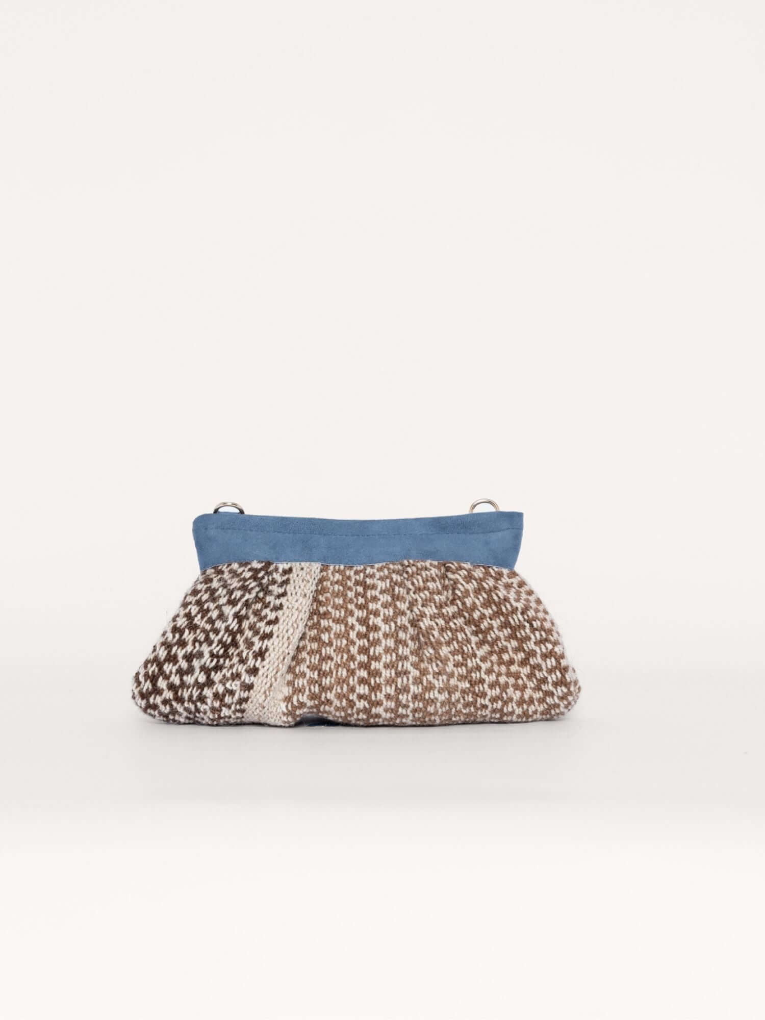 Back of Sol handwoven alpaca crossbody pouch – blue suede, artisan-made in Peru | Orange Inca