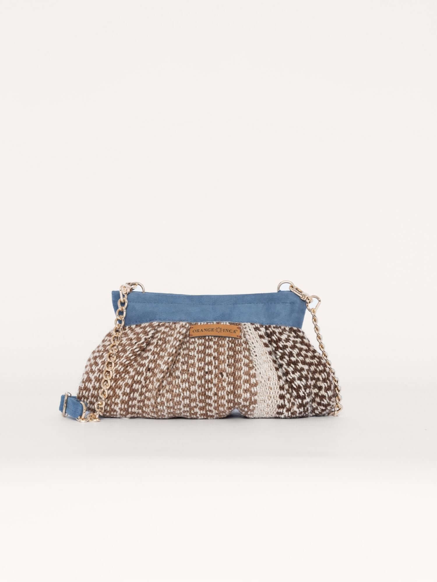 Sol handwoven alpaca crossbody pouch – blue suede band, handmade in Peru | Orange Inca