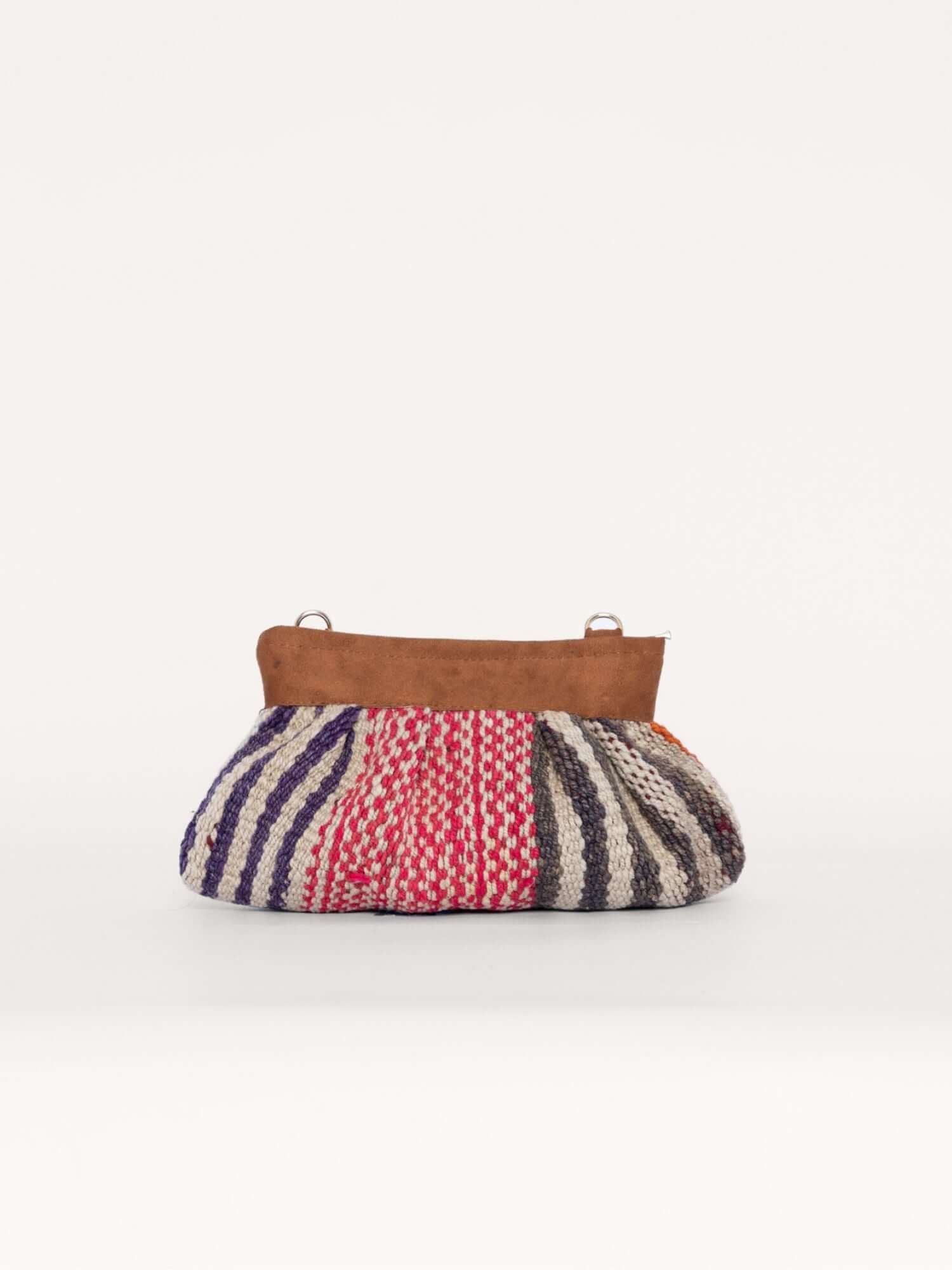 Back of Sol handwoven wool crossbody pouch – camel suede, artisan-made in Peru | Orange Inca