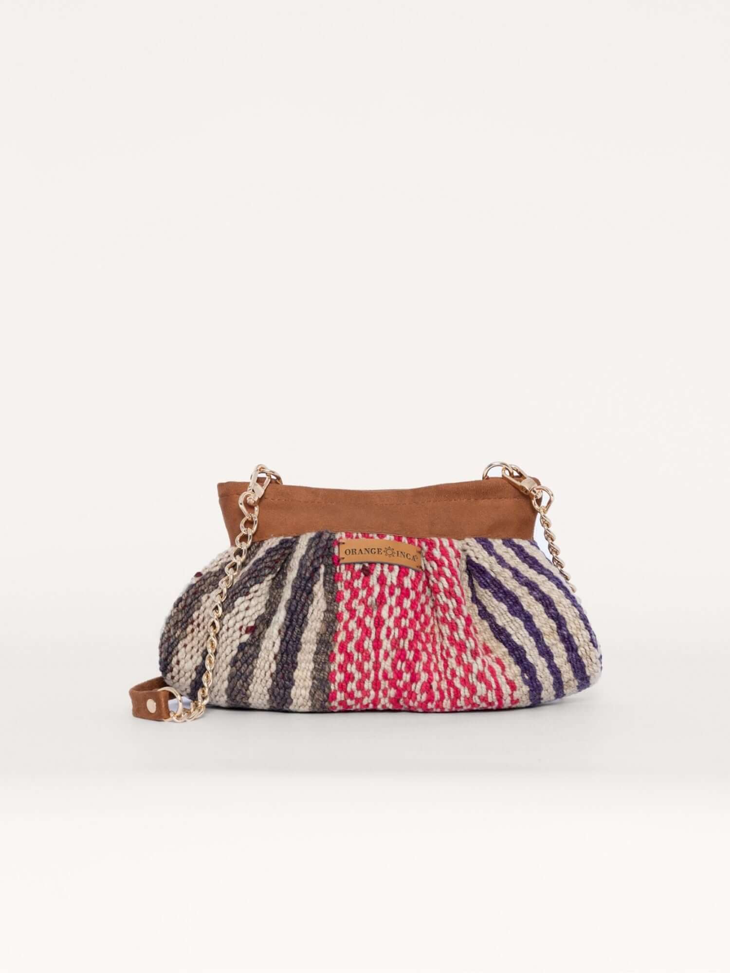 Sol handwoven frazada wool crossbody pouch – camel suede band, handmade in Peru | Orange Inca