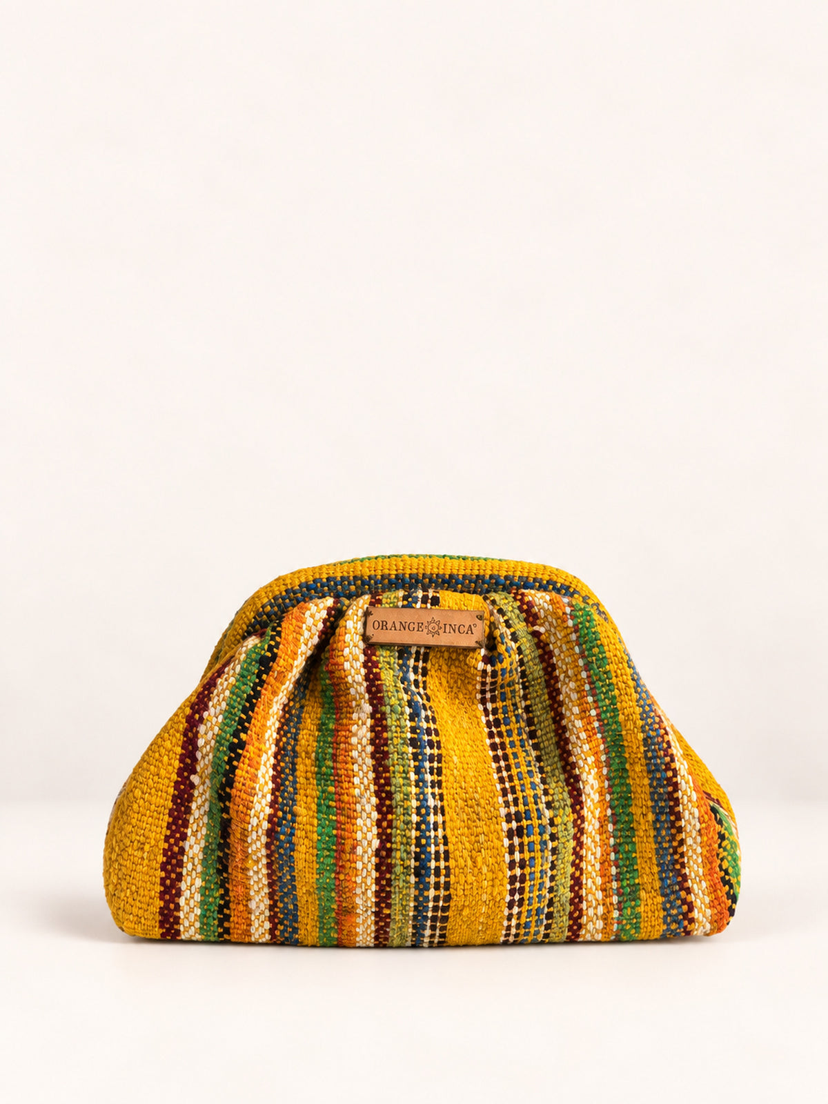 Alba kiss lock clutch in mustard with rainbow stripes – naturally dyed Peruvian sheep wool, front view | Orange Inca