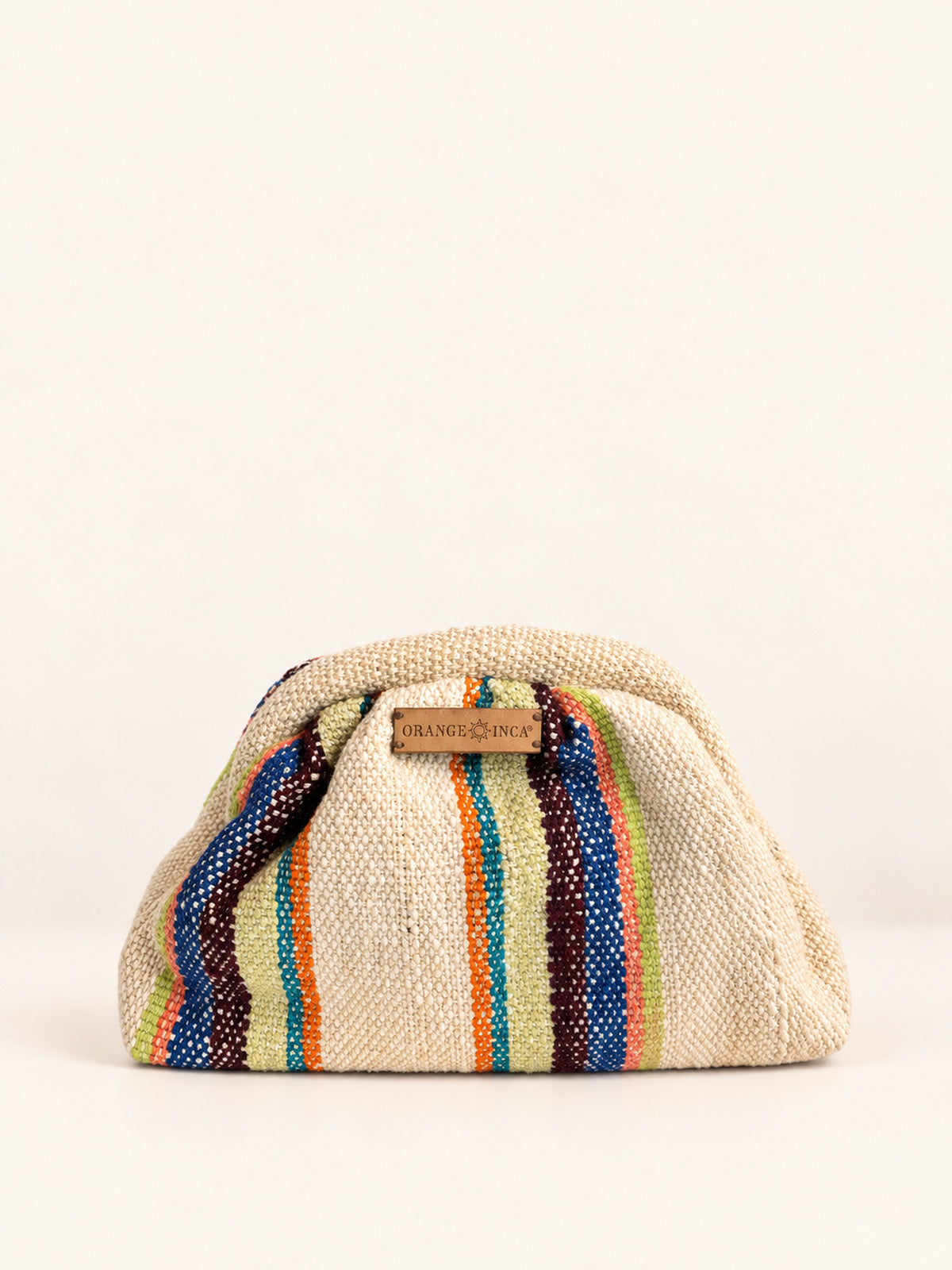 Alba kiss lock clutch in natural with bright stripes – naturally dyed Peruvian sheep wool, front view | Orange Inca