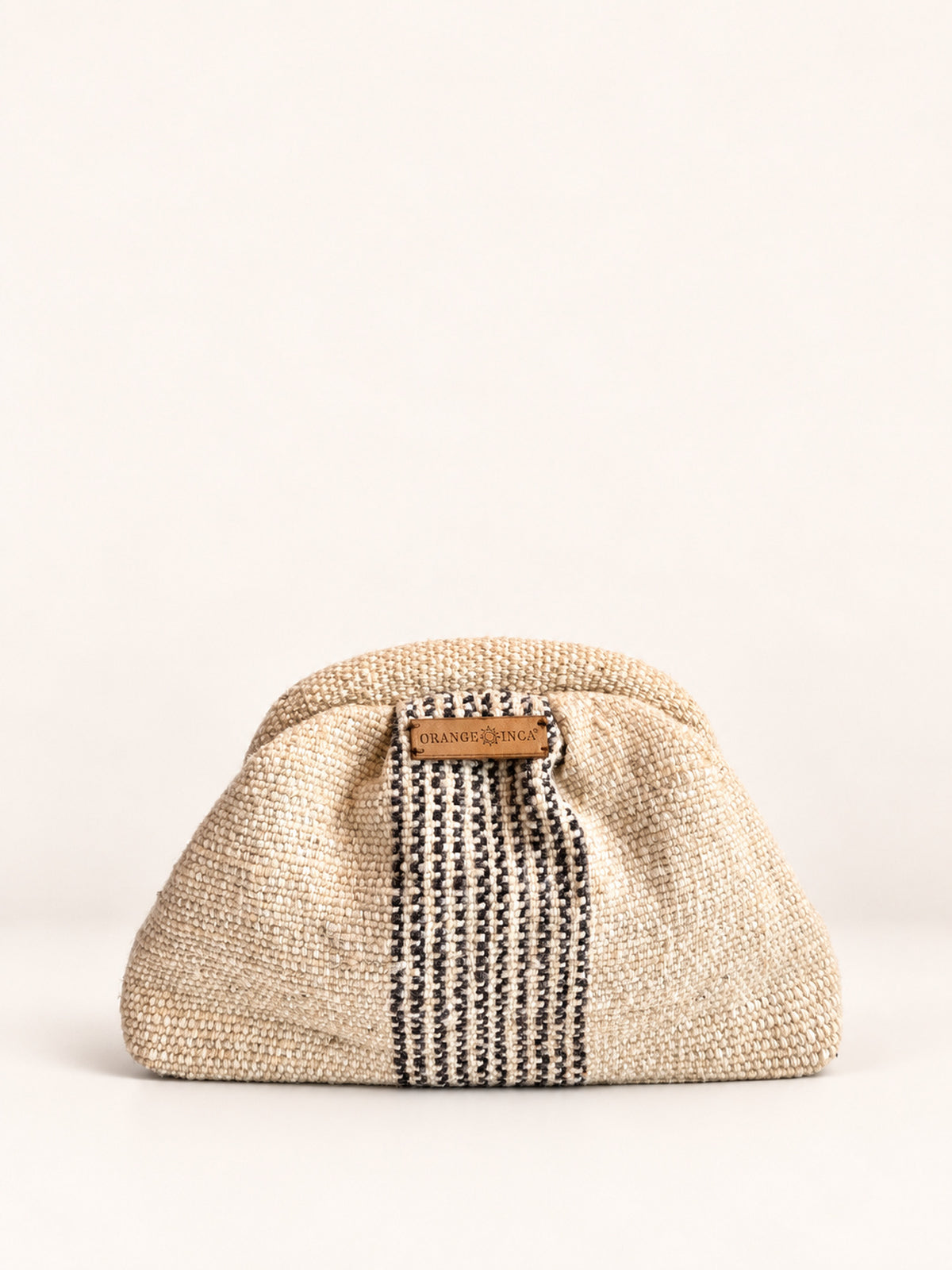 Alba kiss lock clutch in natural with grey blue stripes – naturally dyed Peruvian sheep wool, front view | Orange Inca