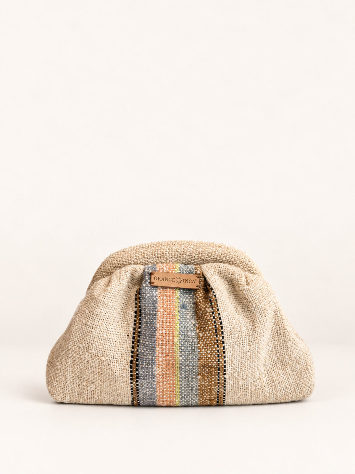 Alba kiss lock clutch in natural with pastel stripes – naturally dyed Peruvian sheep wool, front view | Orange Inca