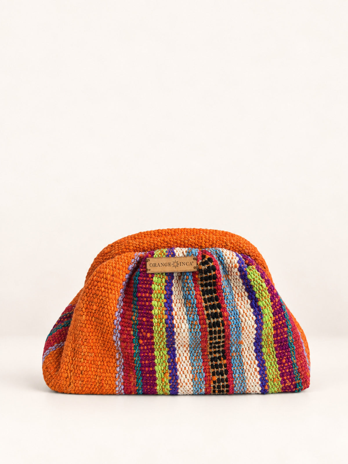 Alba kiss lock clutch in orange with rainbow stripes – naturally dyed Peruvian sheep wool, front view | Orange Inca