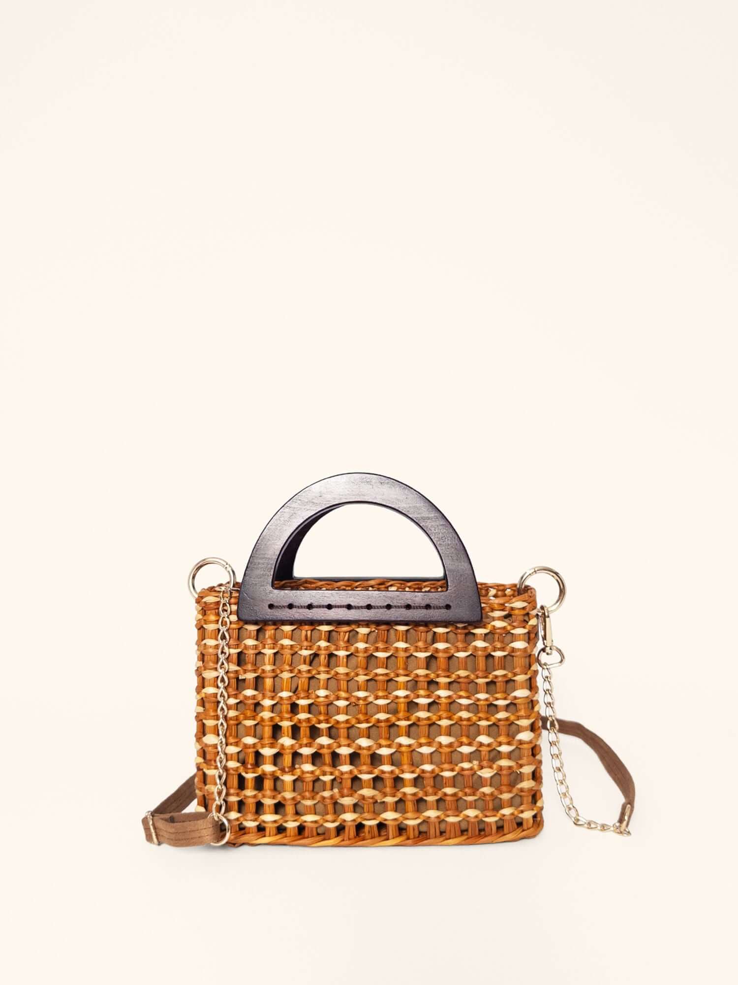 Brigitte handwoven bag in camel and natural – wooden handles, vegan suede crossbody strap | Orange Inca