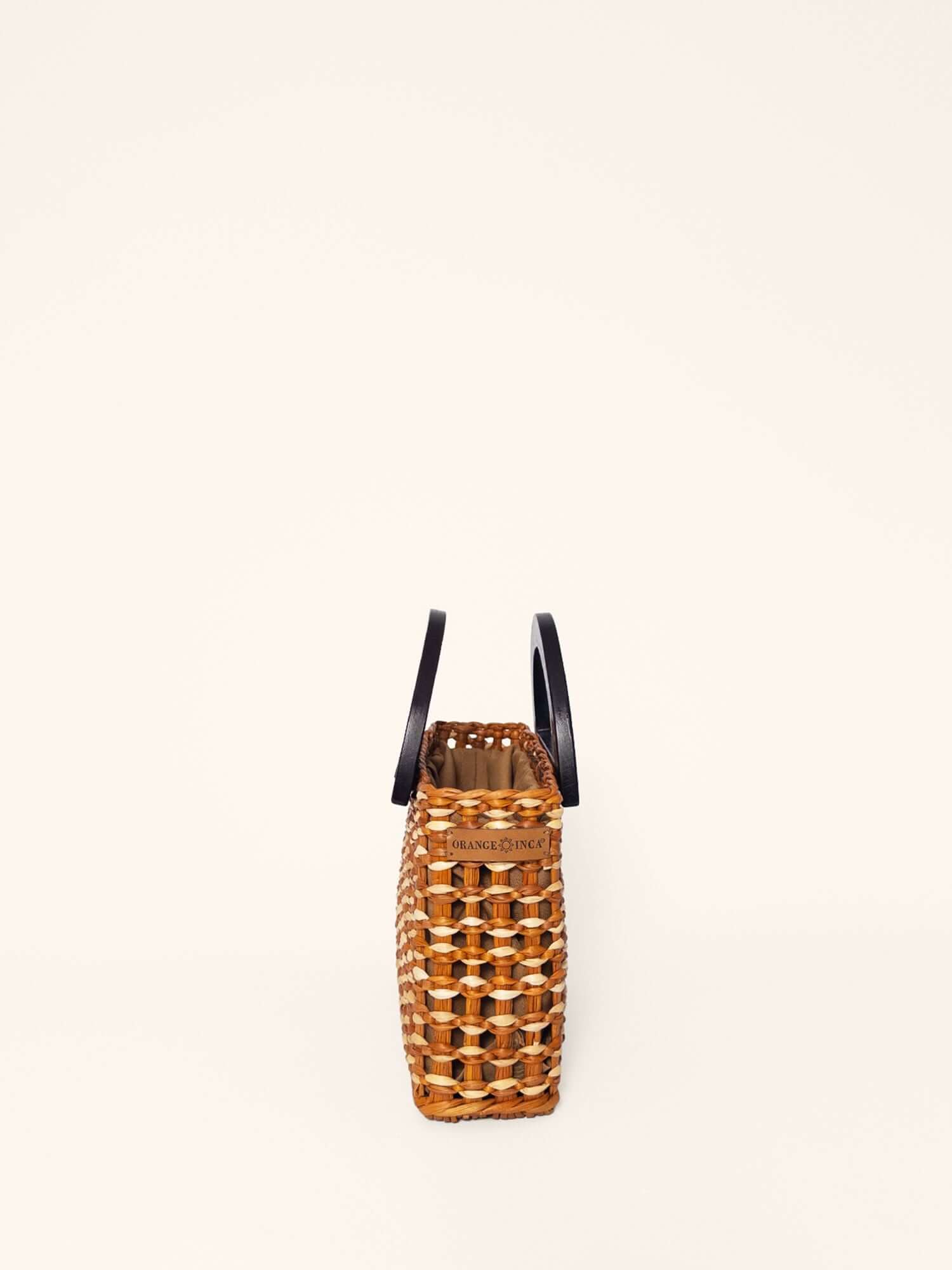 Brigitte handwoven bag camel and natural – styled, retro top-handle design | Orange Inca