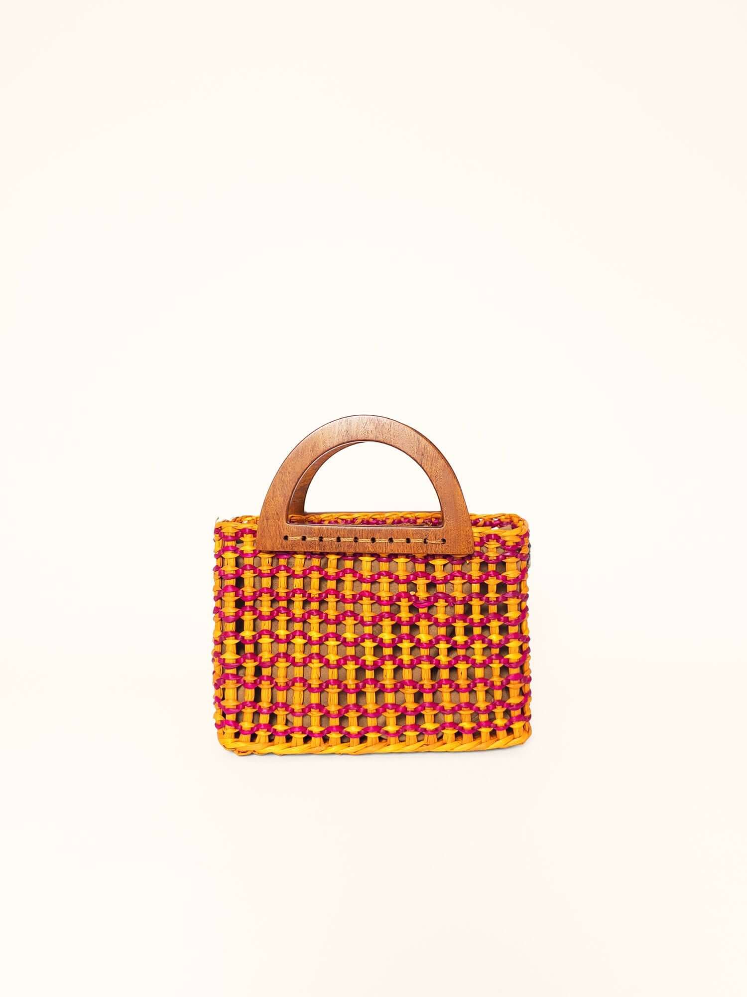 Brigitte handwoven bag fuchsia and yellow – wooden handle detail, hand-carved and polished | Orange Inca