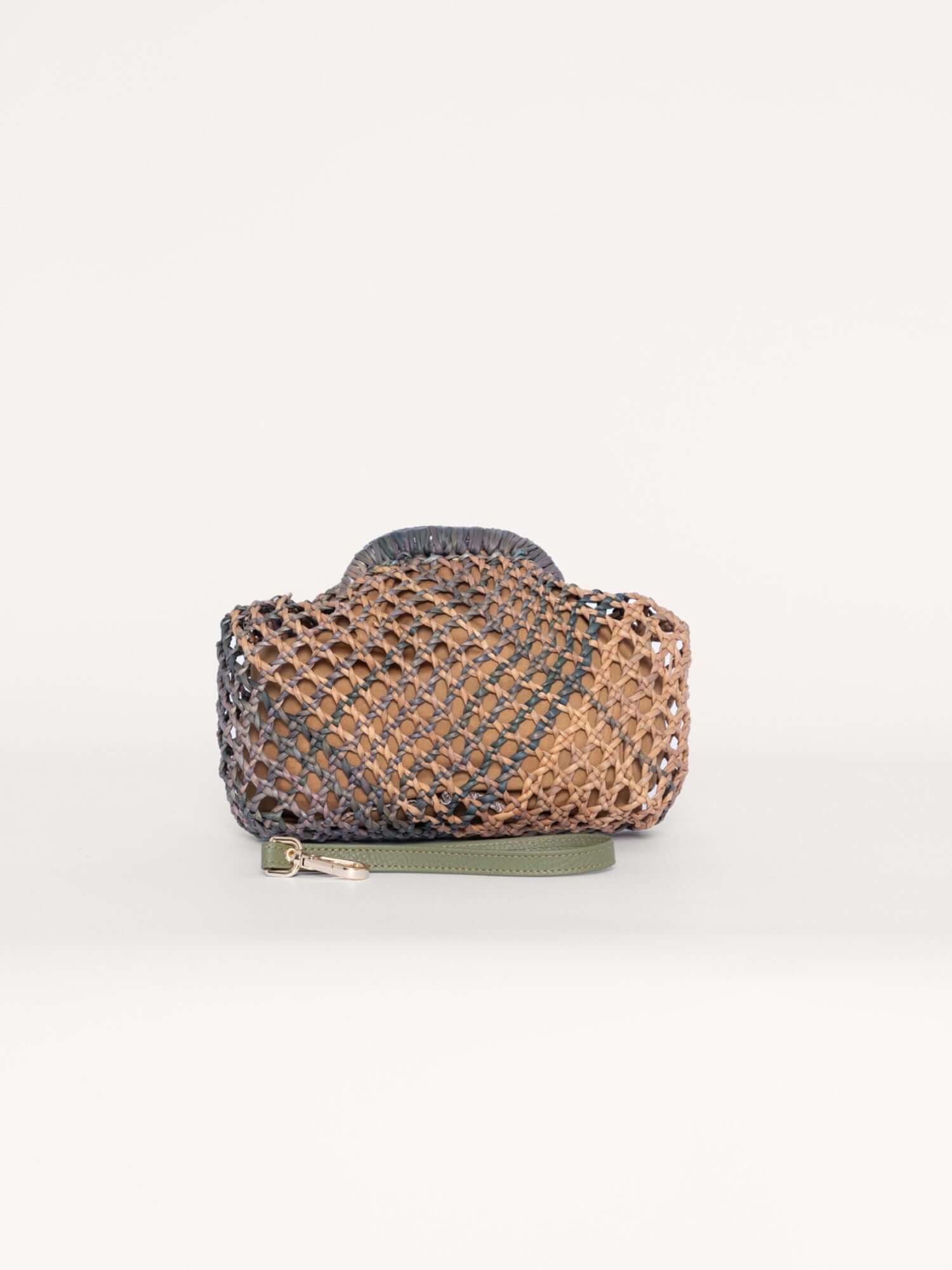 Military green clasp clutch – artisan woven bag with metal frame and removable hand strap