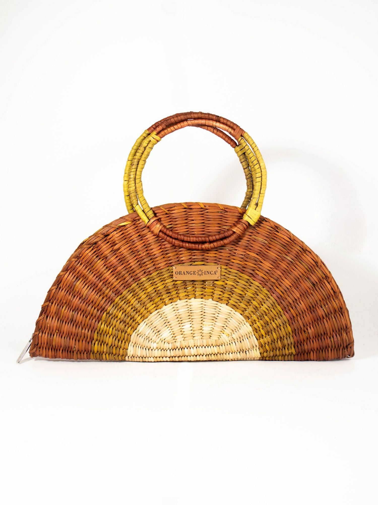 Flamenco Swing Clutch – Browns & Natural, fan-shaped straw clutch with circle handle | Orange Inca