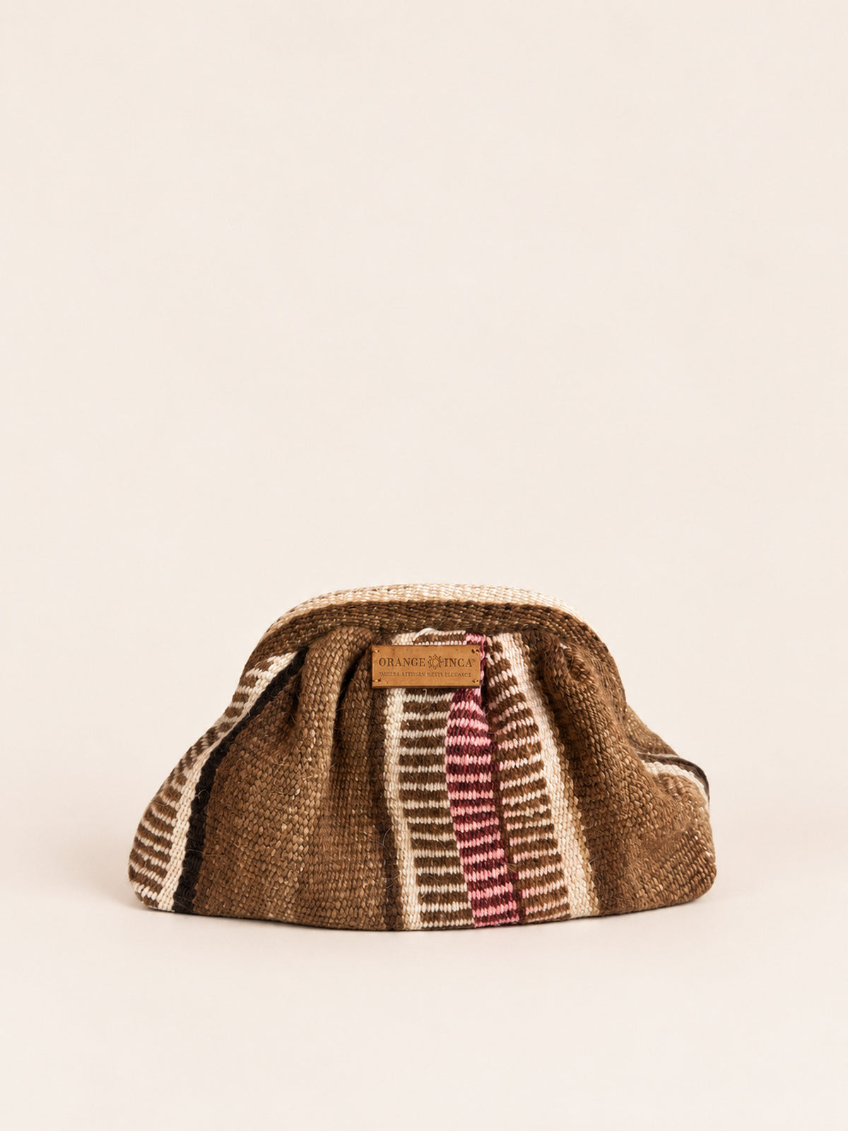 Luna kiss lock clutch in browns, ivory and burgundy – handwoven Peruvian sheep and alpaca wool, front view | Orange Inca