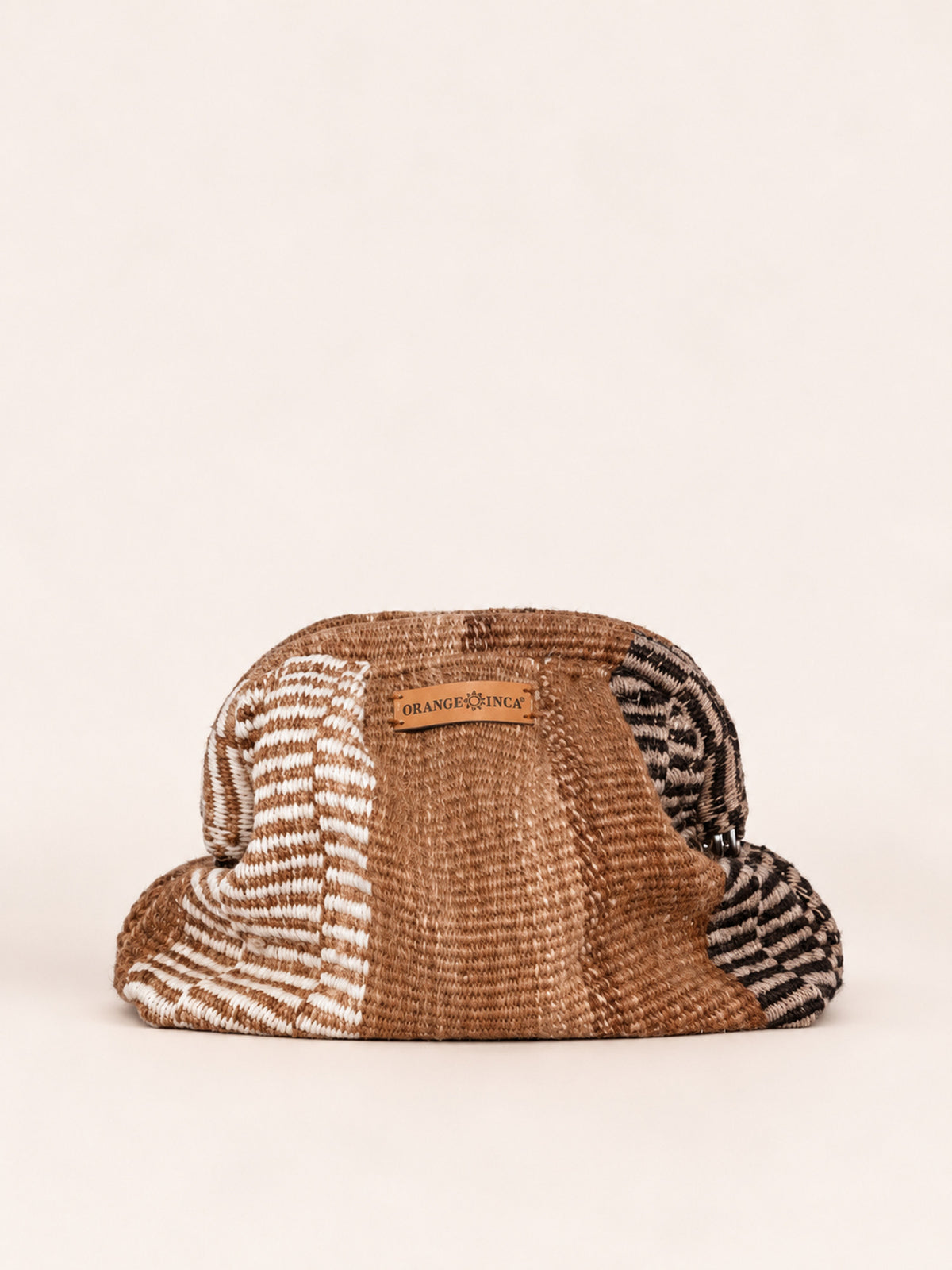 Luna kiss lock clutch in browns and camel – handwoven Peruvian sheep and alpaca wool, front view | Orange Inca