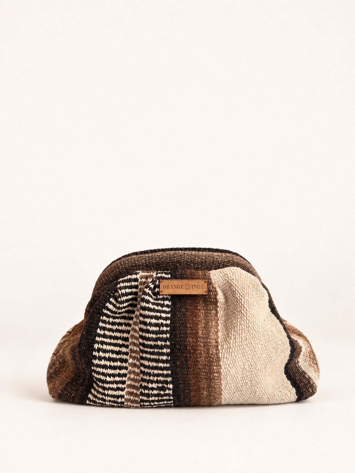 Luna kiss lock clutch in browns and ivory – handwoven Peruvian sheep and alpaca wool, front view | Orange Inca