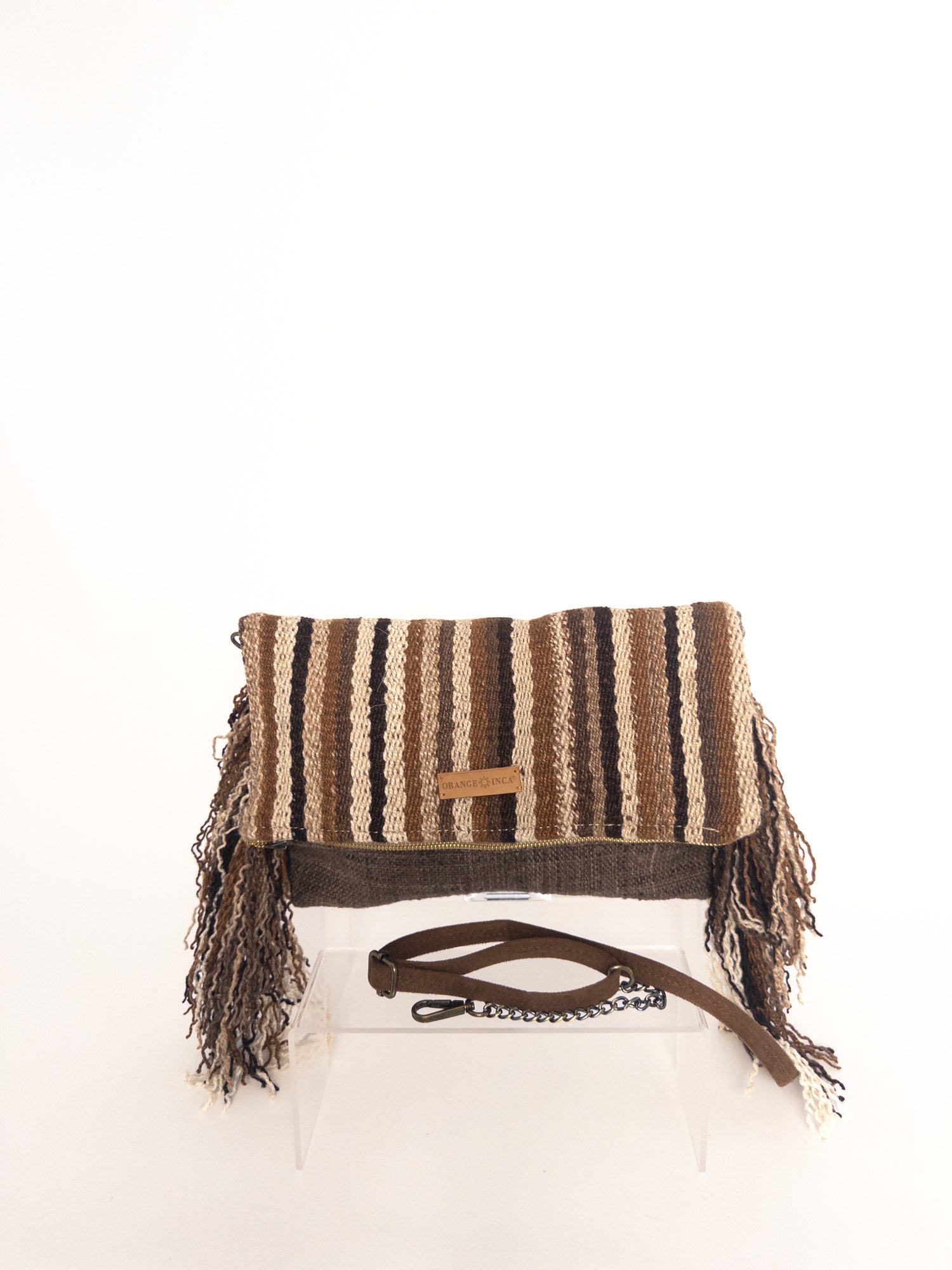 Manta Fringe Clutch - Browns and Ivory Stripes