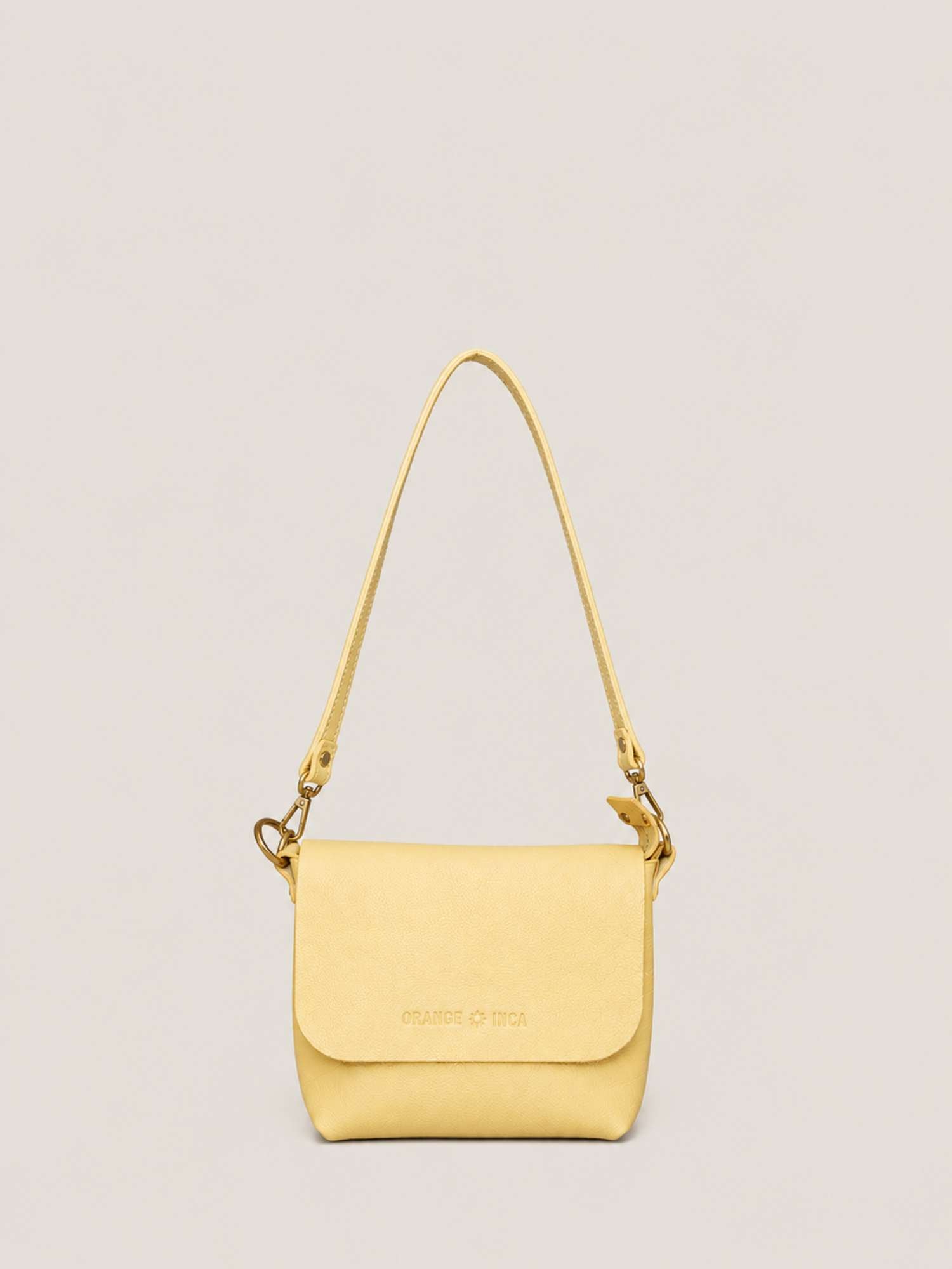 Butter Yellow Olivia leather crossbody — shoulder strap fitted, soft tumbled leather | Orange Inca