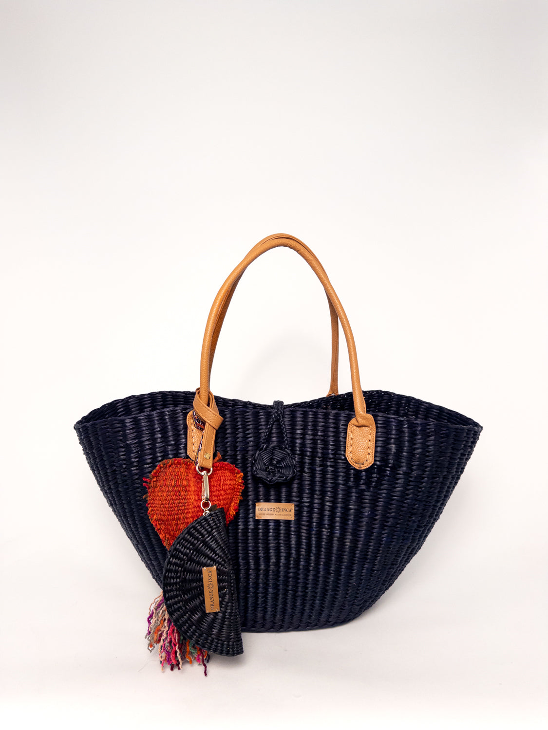 Playa Tote - Black, handwoven junco tote bag with faux leather straps and coin purse, natural dyes used.