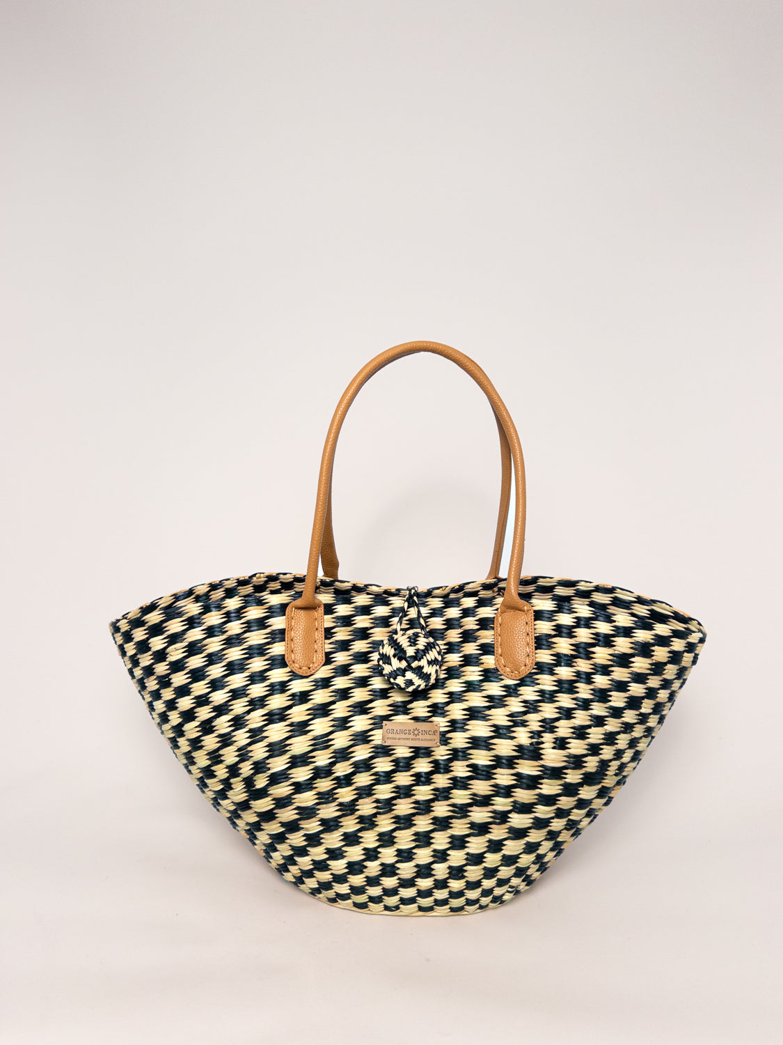 Playa Tote - Checkered Olive Green and Natural, handwoven junco tote bag with faux leather straps and natural dyes.