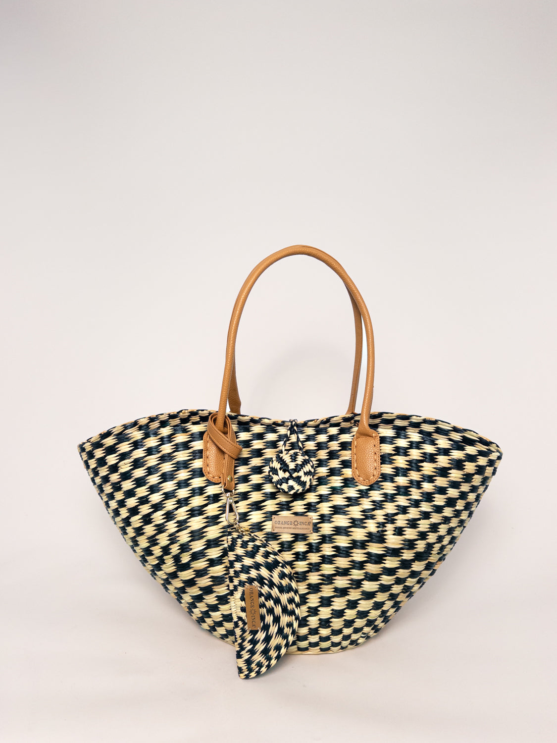 Playa Tote - Checkered Olive Green and Natural, handwoven junco tote bag with faux leather straps, naturally dyed.