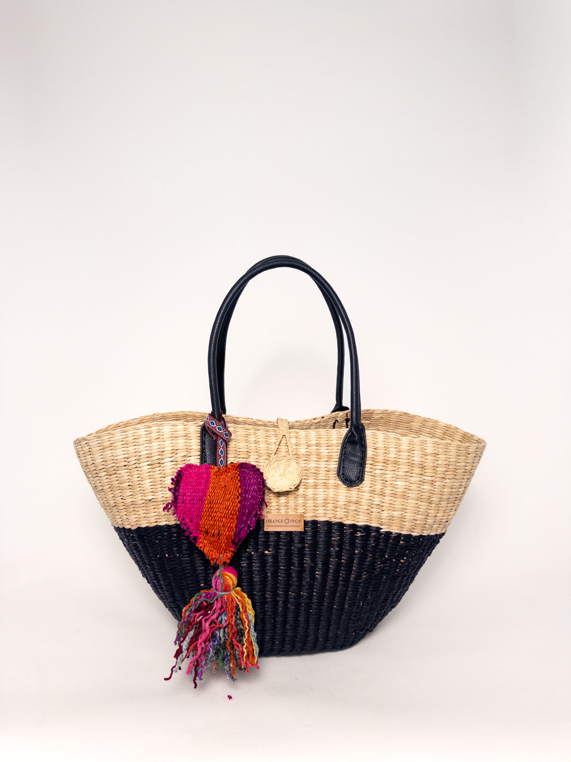 Playa Tote - Half Natural Half Black, handwoven junco tote bag, natural dyes, faux leather straps, structured design.