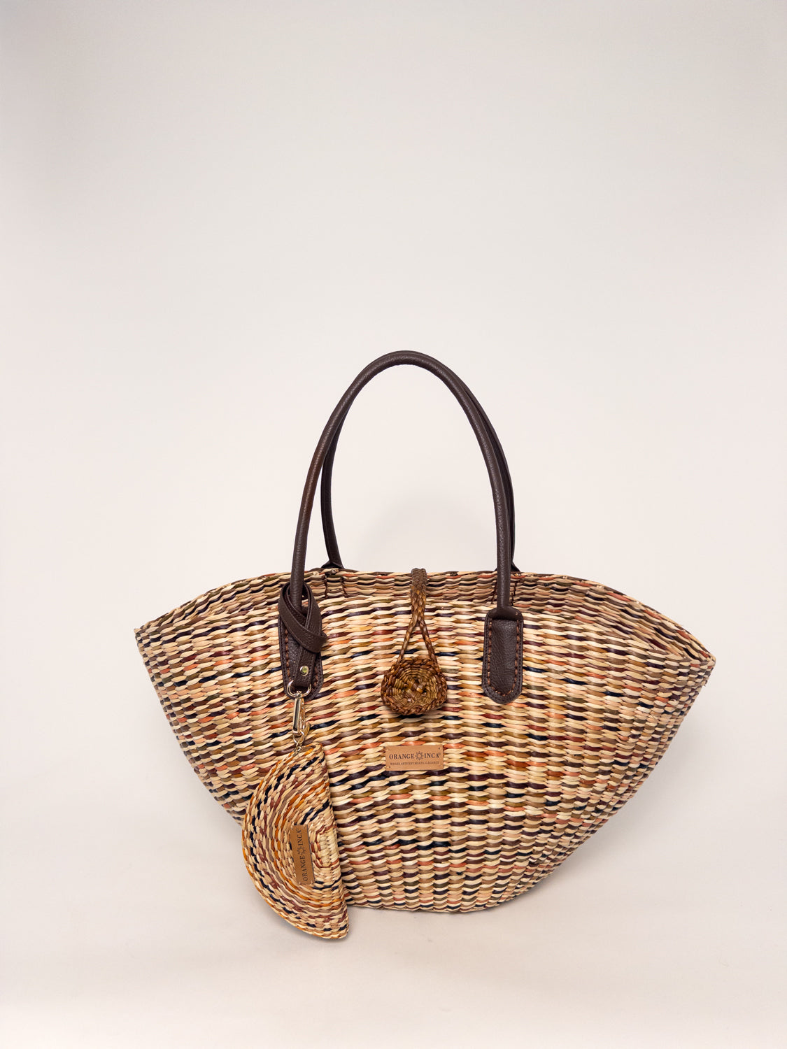 Playa Tote - Marbled Browns and Natural, handwoven junco tote bag with faux leather straps and natural dyes.