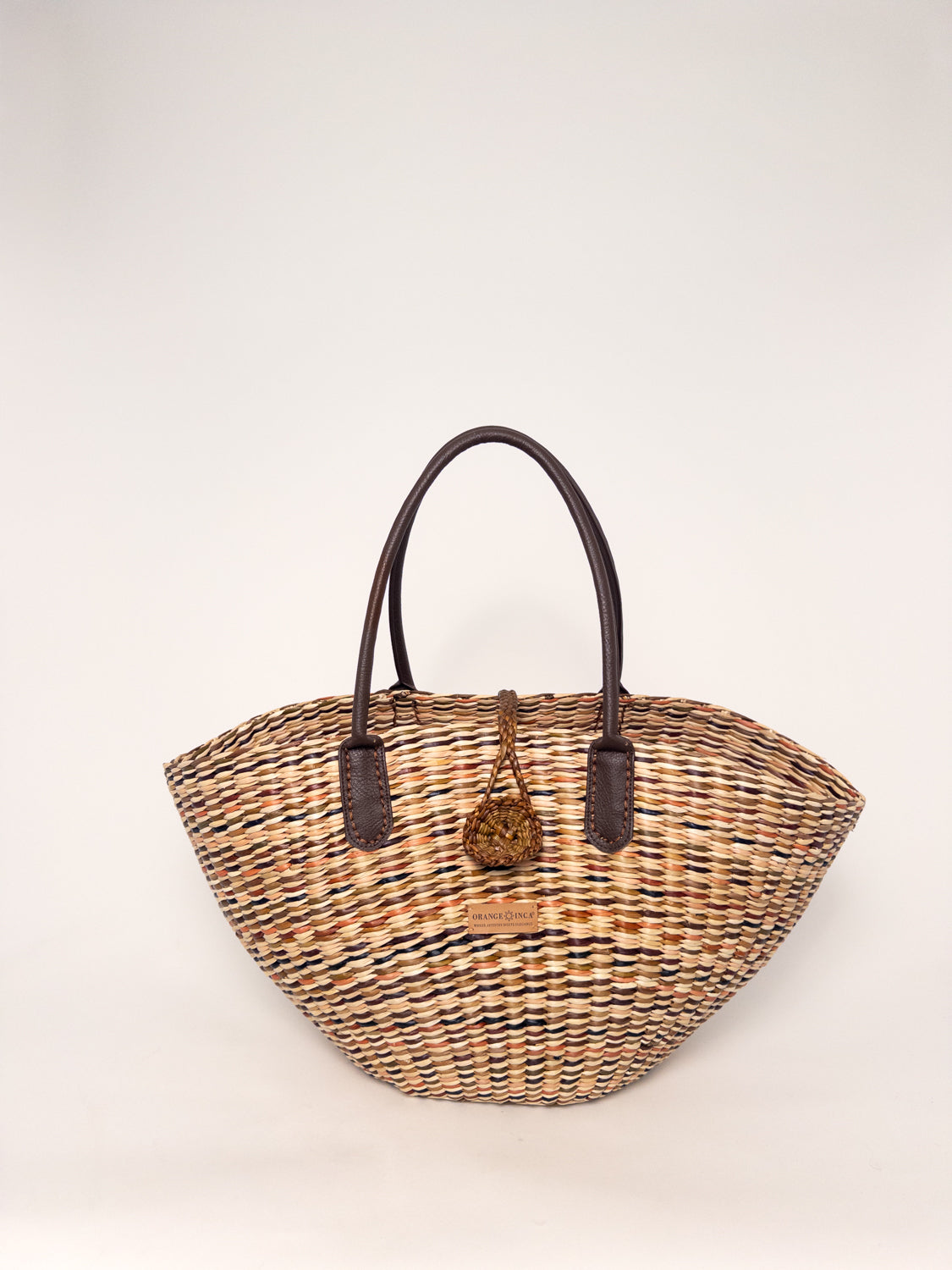 Playa Tote - Marbled Browns and Natural, handwoven junco tote bag with faux leather straps and natural dyes.