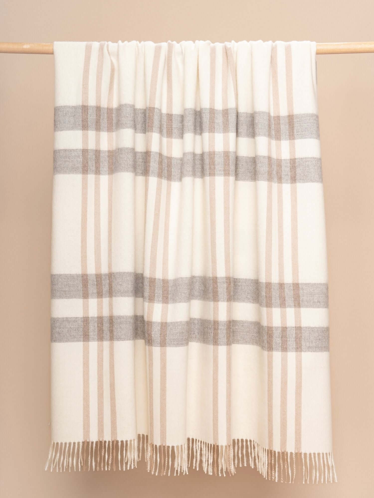 Premium large plaid alpaca wool throw blanket in ivory, gray and camel - luxury sustainable throw