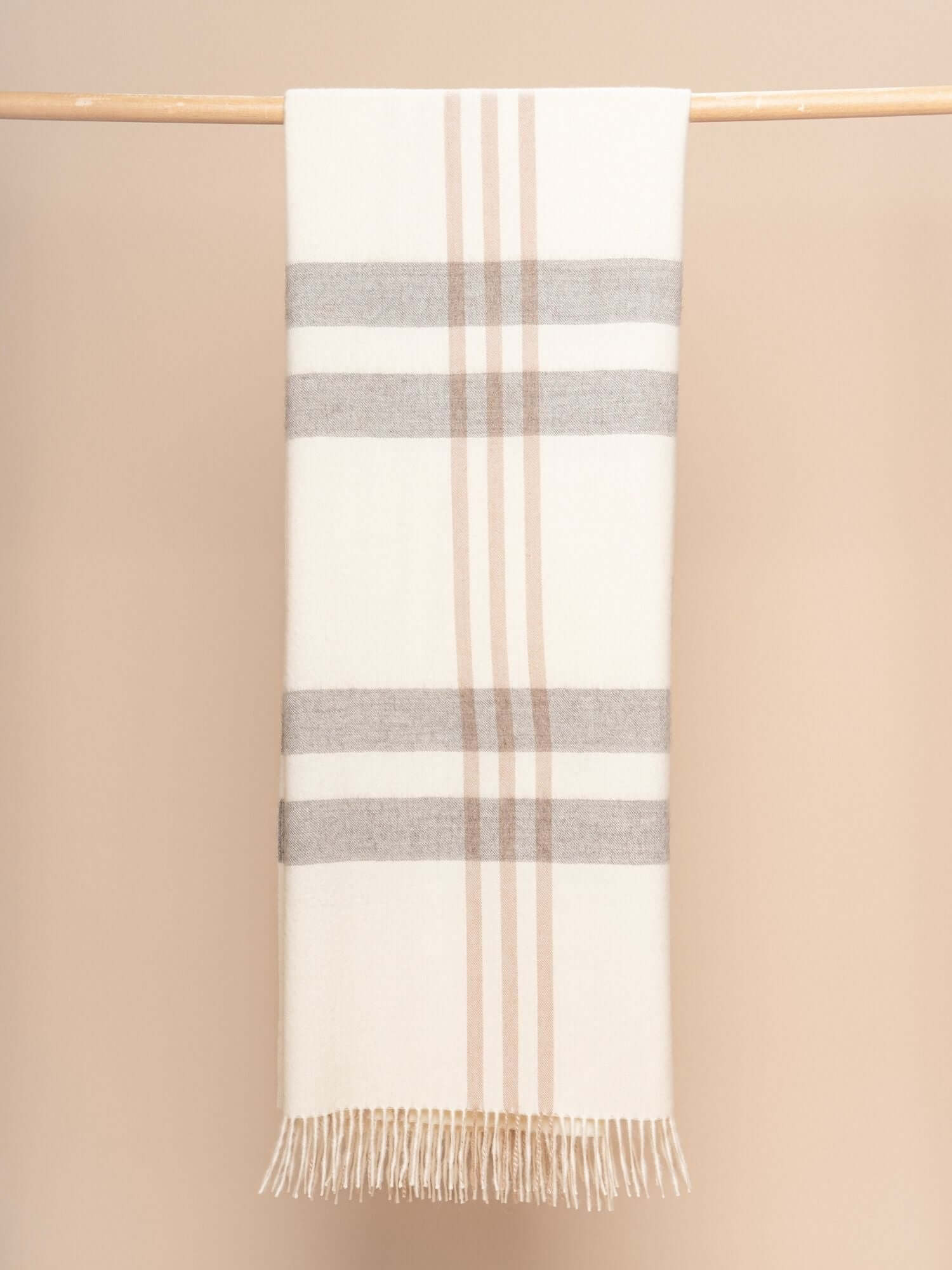 Peruvian made alpaca wool throw in large plaid ivory, gray and camel - softer than cashmere luxury blanket handcrafted in Peru with premium sustainable wool