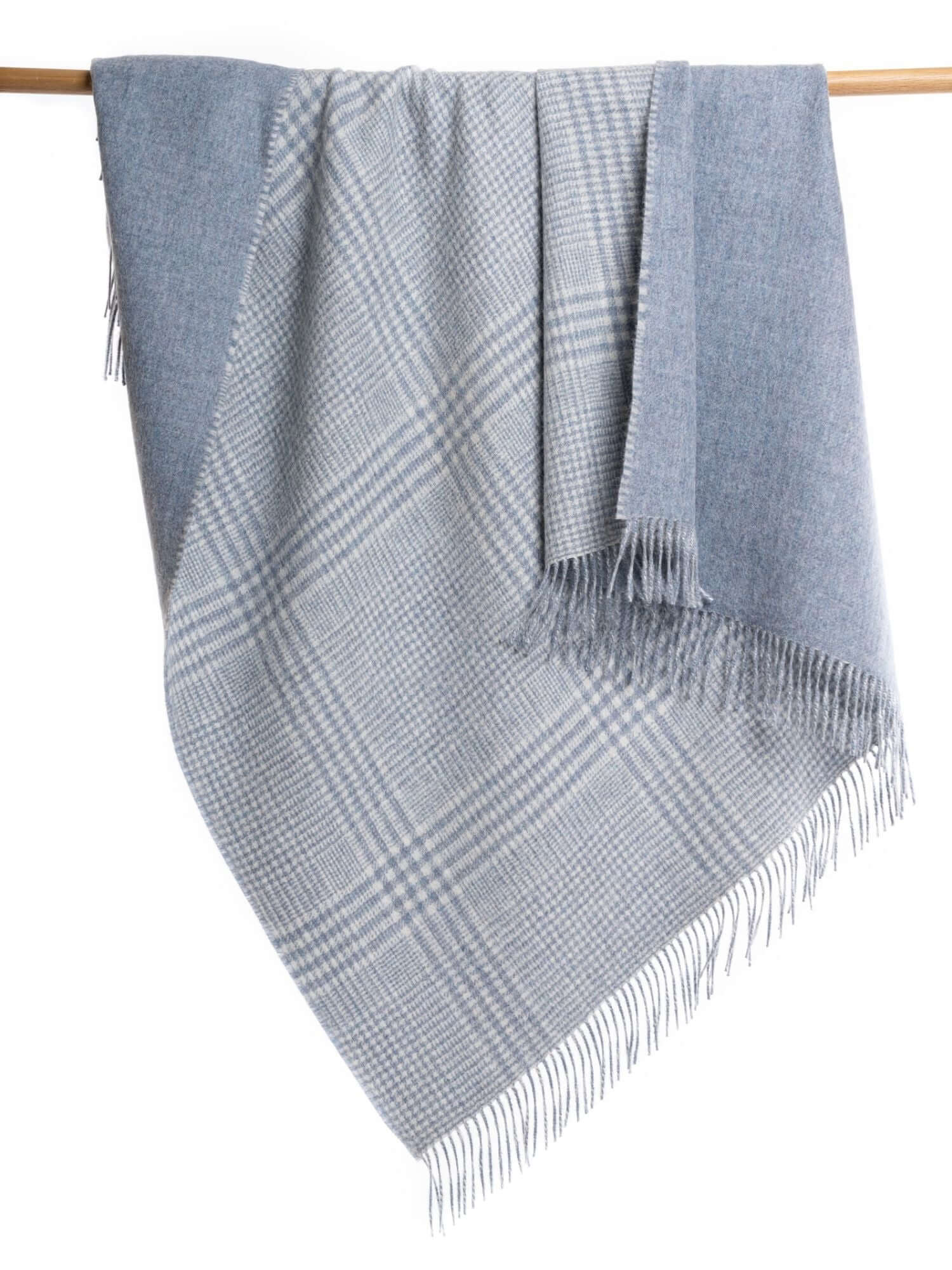 Reversible Solid / Plaid Throw, Baby Alpaca - Light Blue