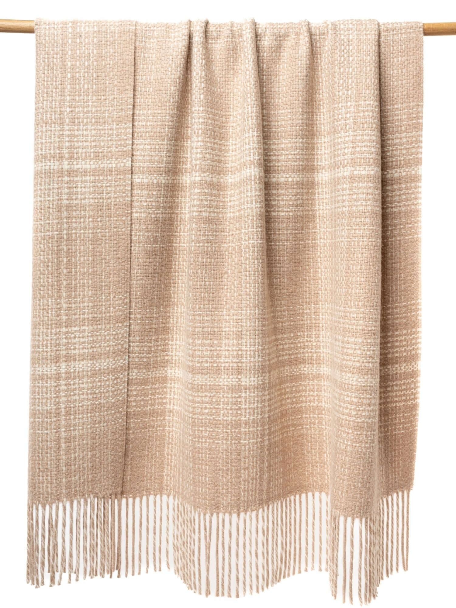 Premium chunky plaid alpaca wool throw blanket in white and cinnamon brown - luxury sustainable throw blended with merino sheep wool