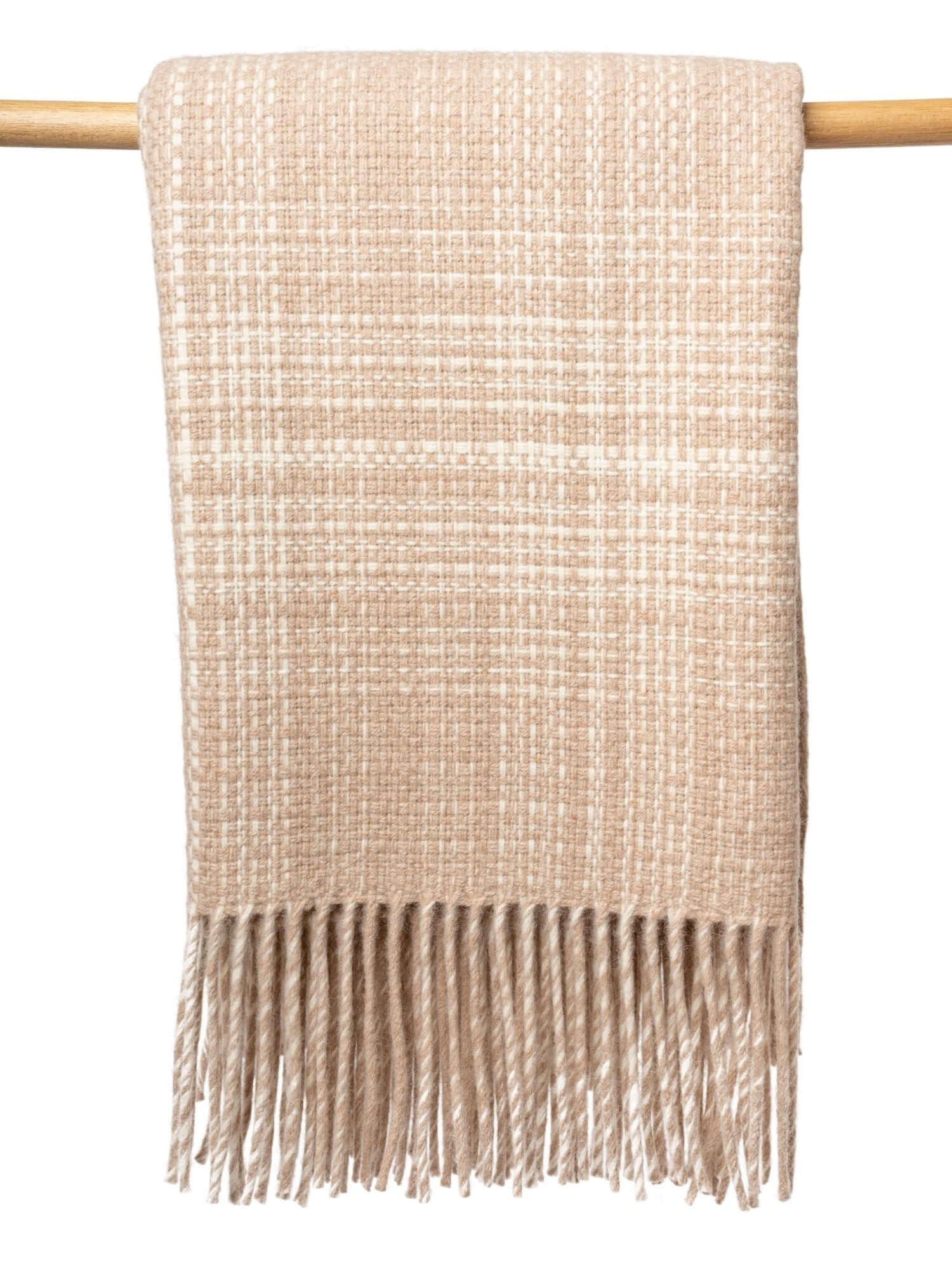 Chunky Peruvian made alpaca wool throw in white and cinnamon - softer than cashmere luxury blanket handcrafted in Peru with premium sustainable wool