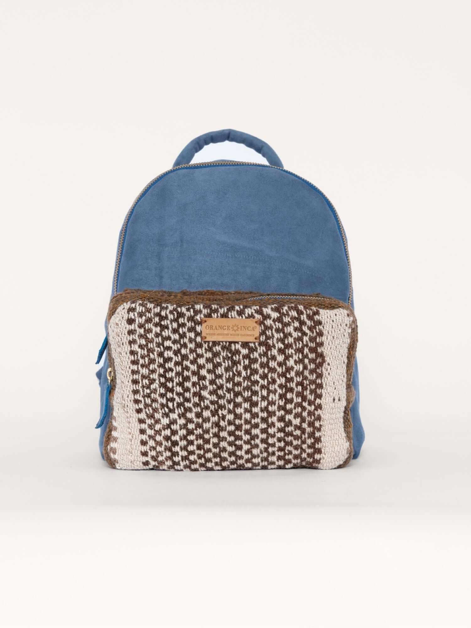 Blue suede and wool backpack with large front pocket – artisan-crafted and ideal for everyday or travel
