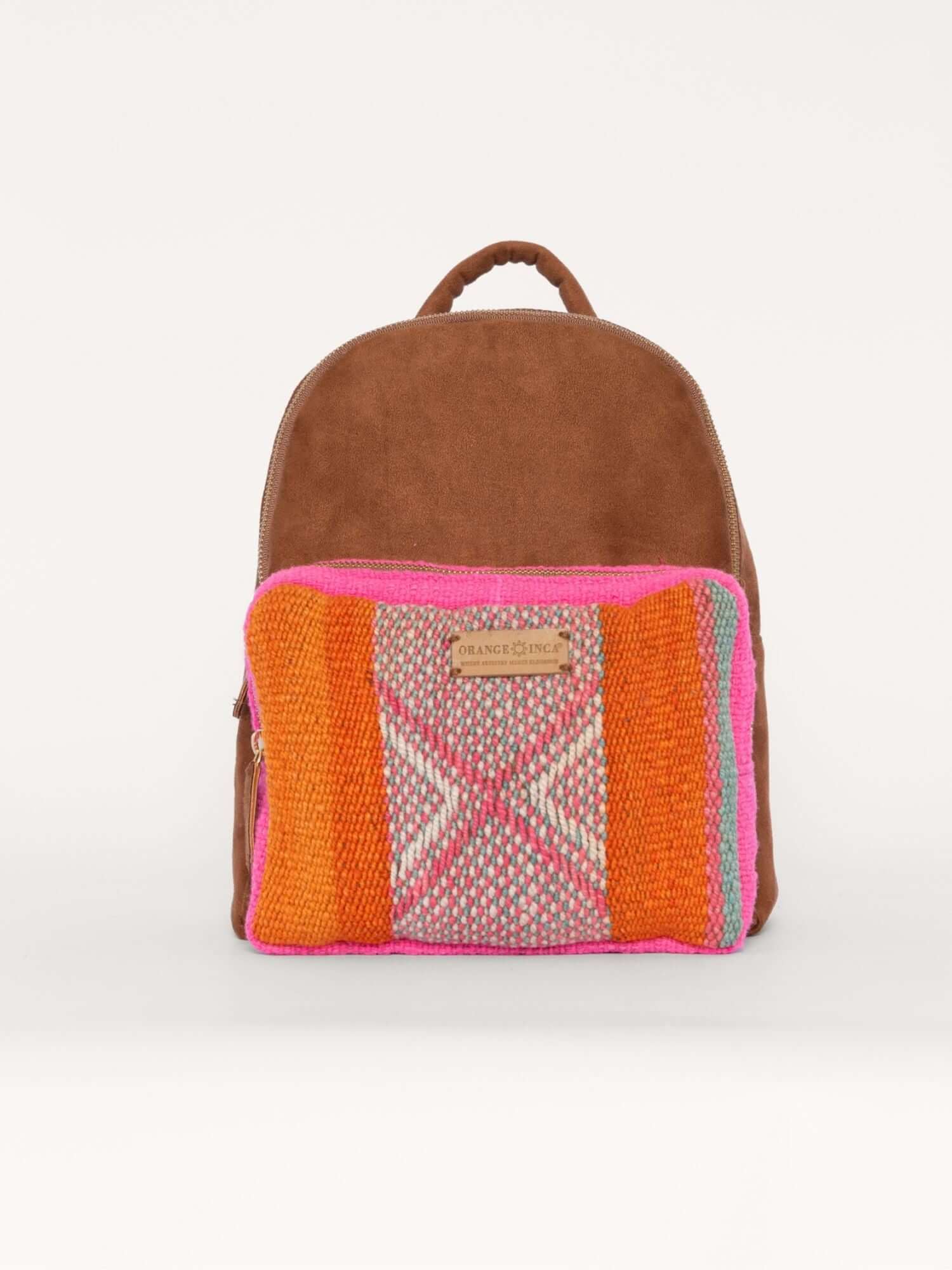 Camel suede backpack with colourful wool front pocket – handmade and perfect as a boho travel or day bag
