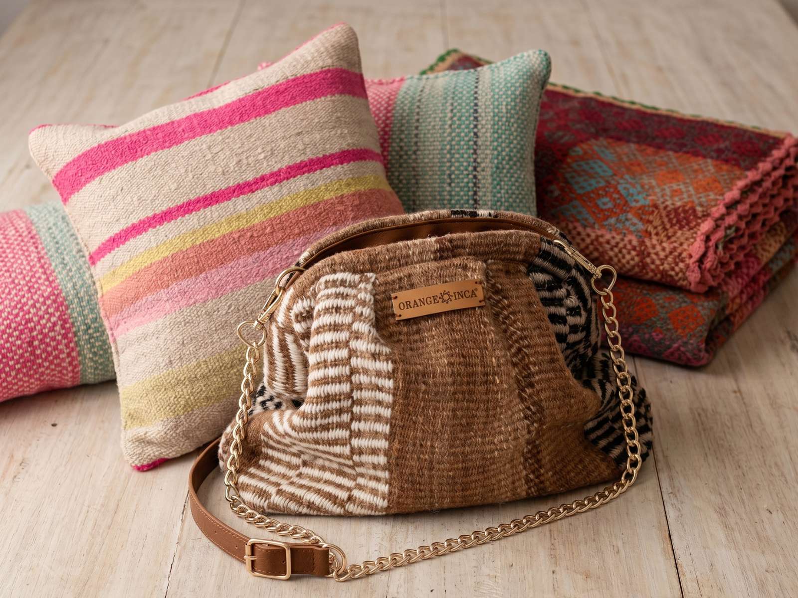 Frazada handbag and cushions cut from vintage Peruvian wool blankets — singular pieces | Orange Inca