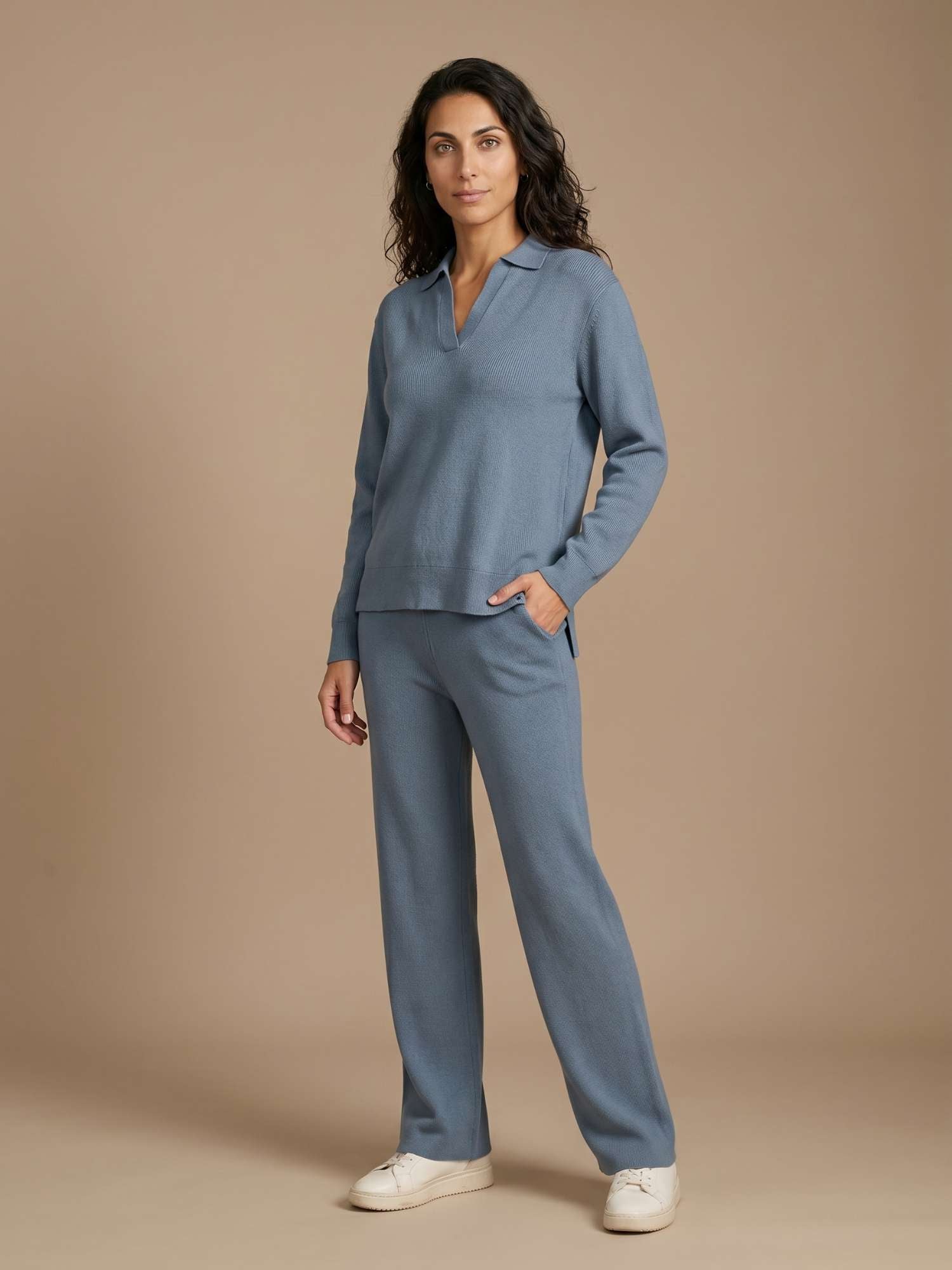 Alpaca & Pima Cotton Ribbed Loungewear Set – Steel Blue