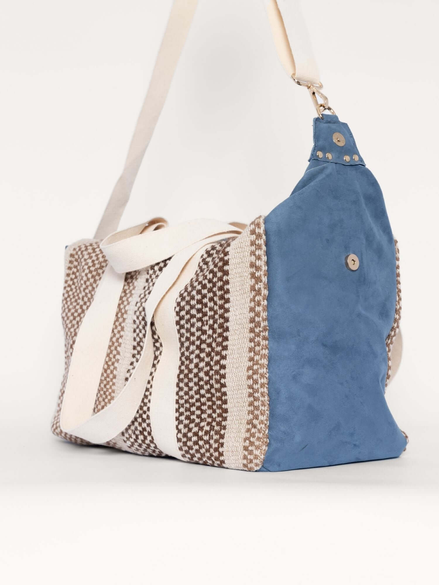 Wool and blue suede weekender bag – large handmade duffle for weekend trips or carry-on travel