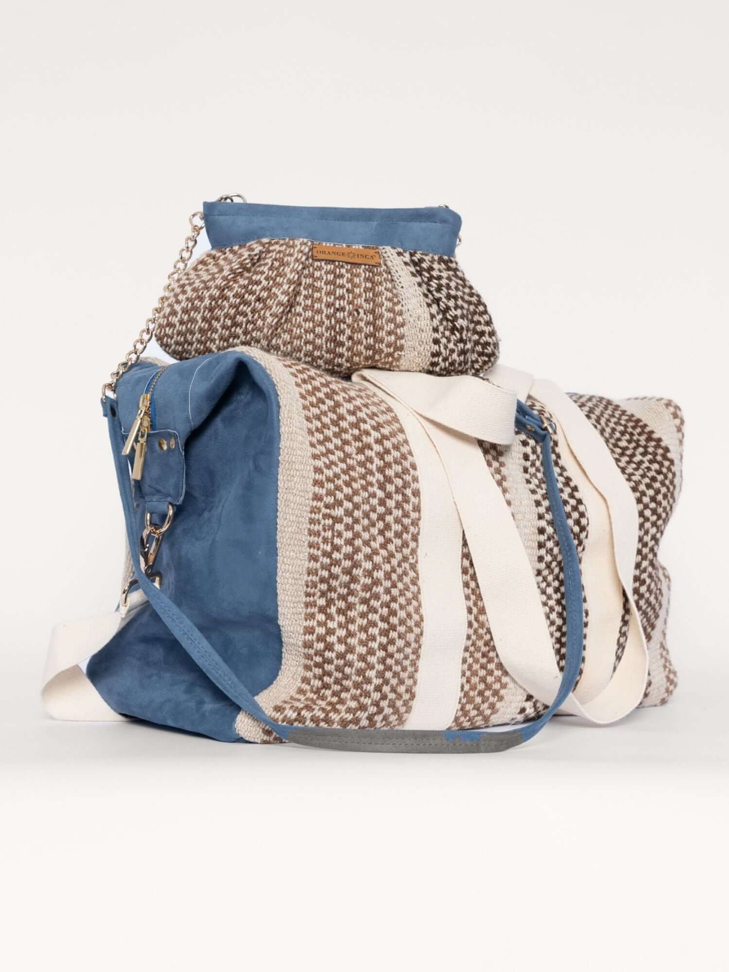 Matching wool and suede pouch and weekender bag set – blue tones with artisan craftsmanship and travel-ready style