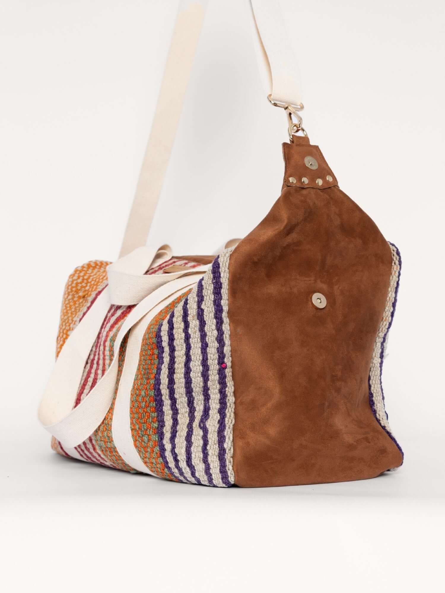Colourful wool and camel suede weekender bag – handmade duffle for travel, spacious and stylish
